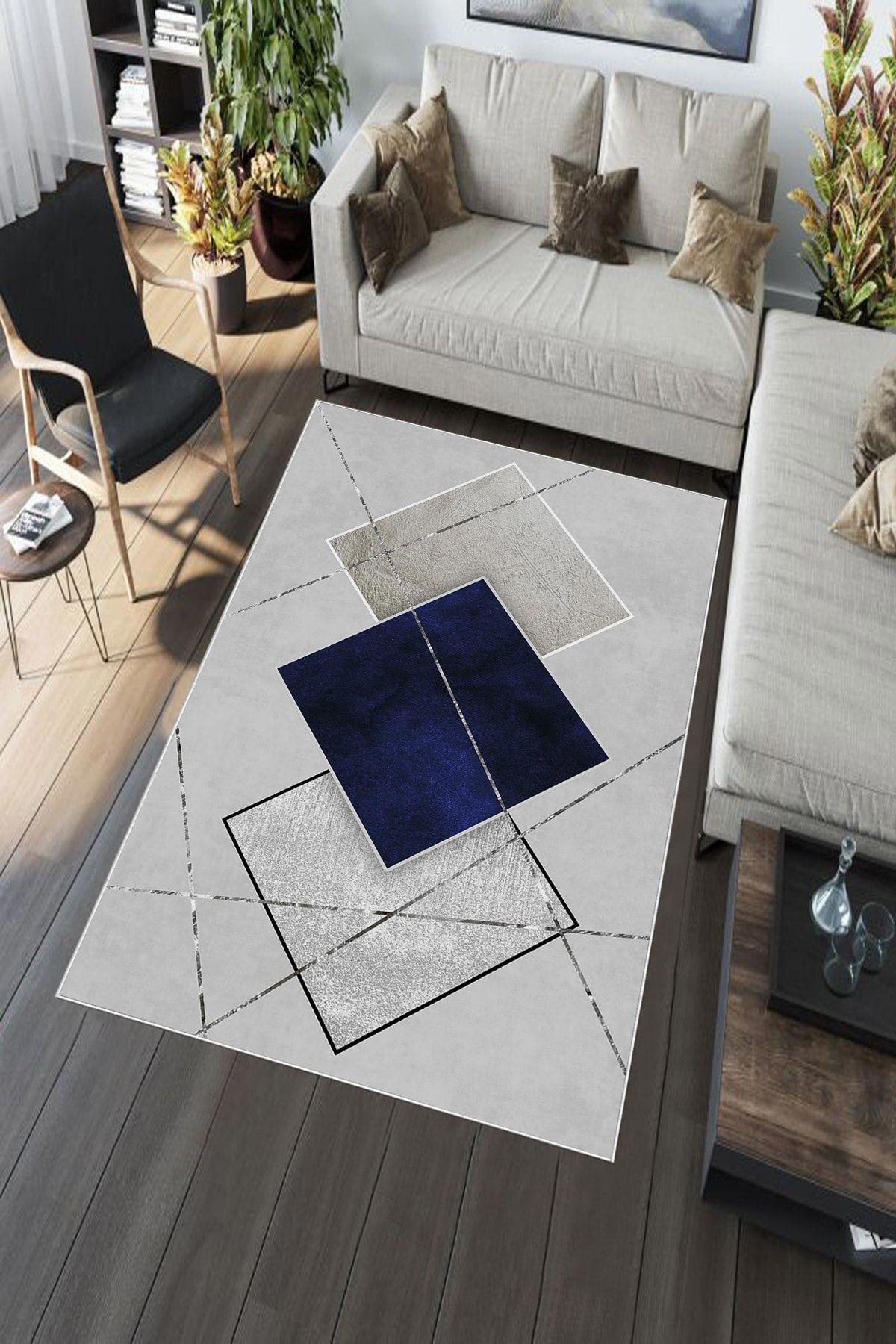 Aldora A256 Gri-Lacivert 9 mm Deri Leke tutmaz Yıkanabilir İnce Kaymaz Deri Taban Dikdörtgen Makine Dokuma Salon Halısı 100x150 cm