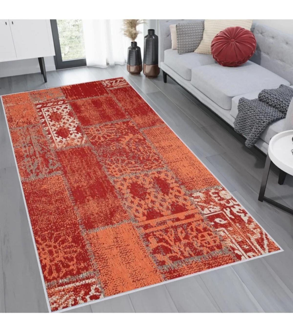 Rovigo Home RVG1262 Kırmızı 8 mm Polyester Antibakteriyel-Leke Tutmaz-Toz Tutmaz Yıkanabilir İnce Kaymaz Dot Taban Dikdörtgen Makine Dokuma Salon Halısı 160x230 cm