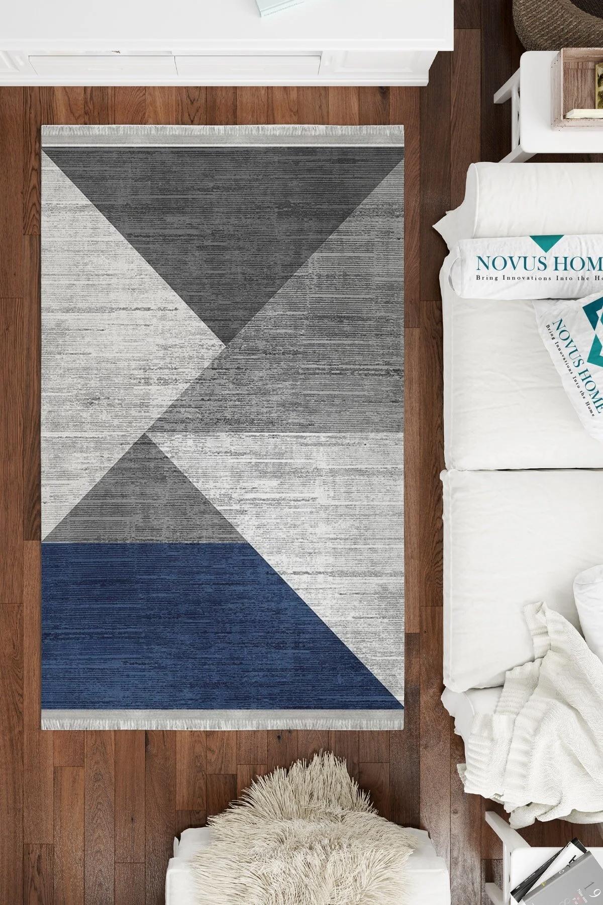 Novus Home Cotton Serisi Gri-Lacivert 5 mm Pamuk Antibakteriyel-Toz Tutmaz-Yalıtıma Yardımcı Yıkanabilir İnce Kaymaz Taban Dikdörtgen Makine Dokuma Antre-Salon-Yatak Odası Halısı 160x230 cm