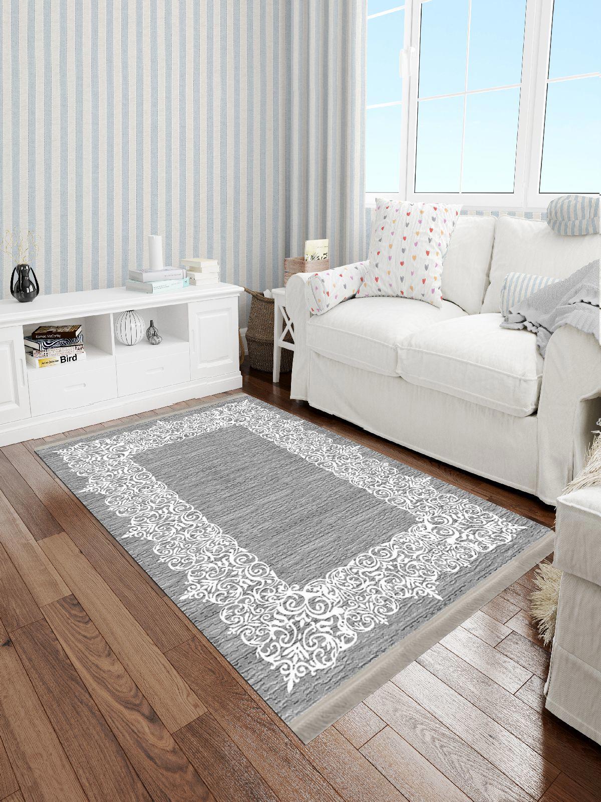 Enbe Collection E-KS3074C Gri 5 mm Pamuk Antibakteriyel Yıkanabilir Orta Kaymaz Dot Taban Dikdörtgen Makine Dokuma Oturma Odası Halısı 100x150 cm