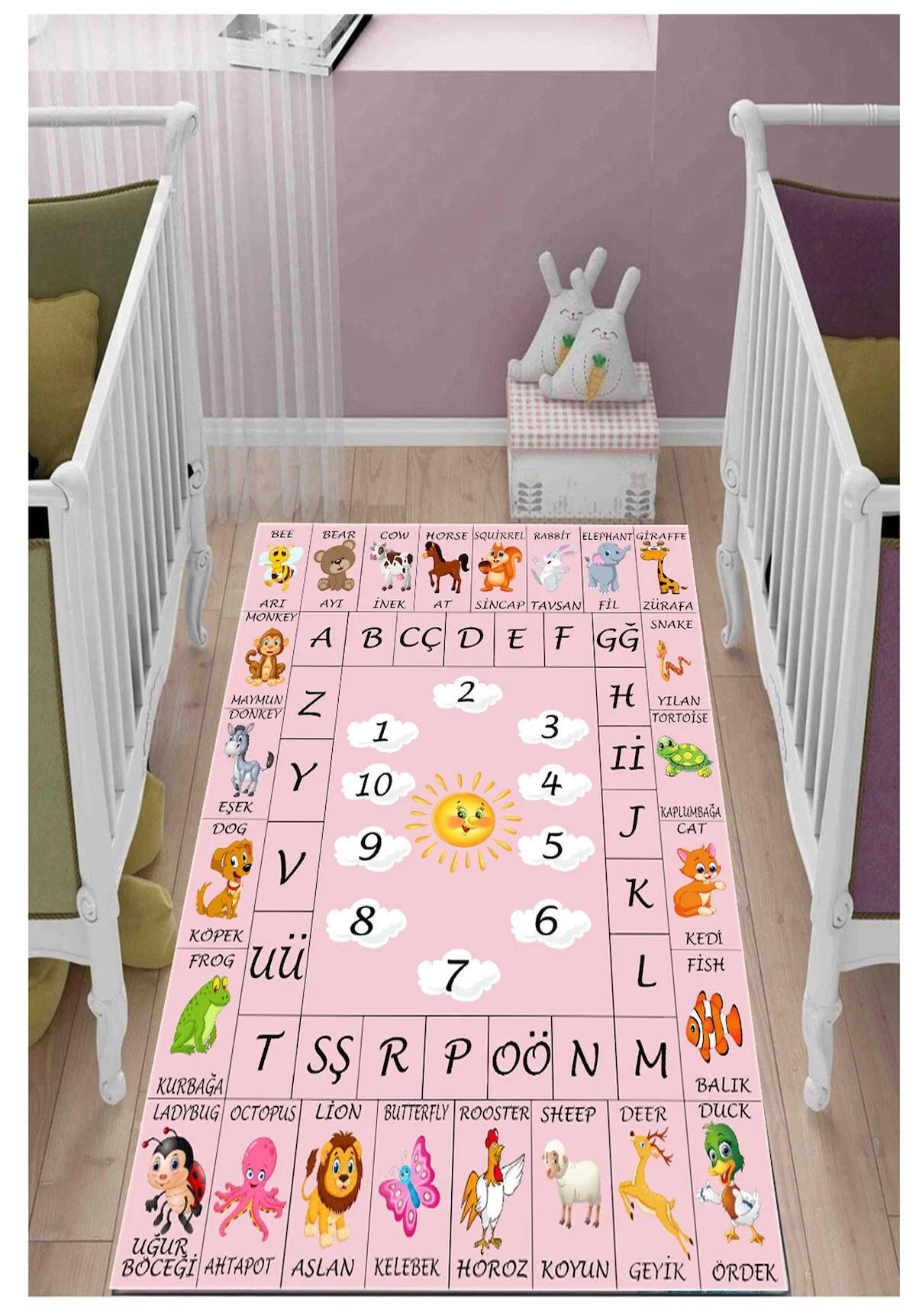 Sty Home Gri 0.8 mm Antibakteriyel Yıkanabilir İnce Kaymaz Dot Taban Hayvan Desenli Dikdörtgen Makine Dokuma Çocuk Odası Halısı 160x230 cm