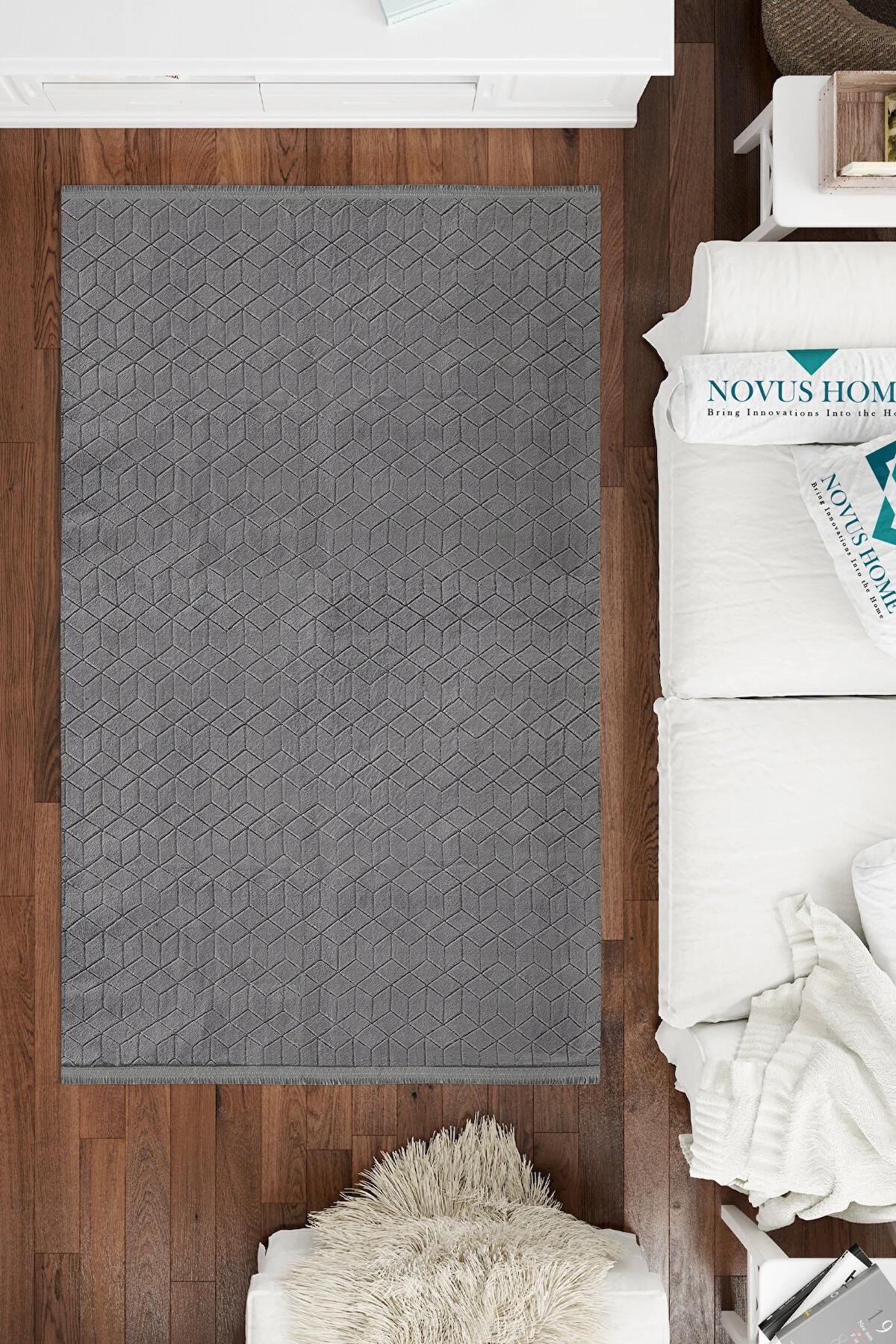 Novus Home Antrasit 13 mm Polyester Antibakteriyel-Toz Tutmaz-Yalıtıma Yardımcı Yıkanabilir Kalın Kaymaz Taban Dikdörtgen Makine Dokuma Antre-Salon-Yatak Odası Halısı 200x300 cm