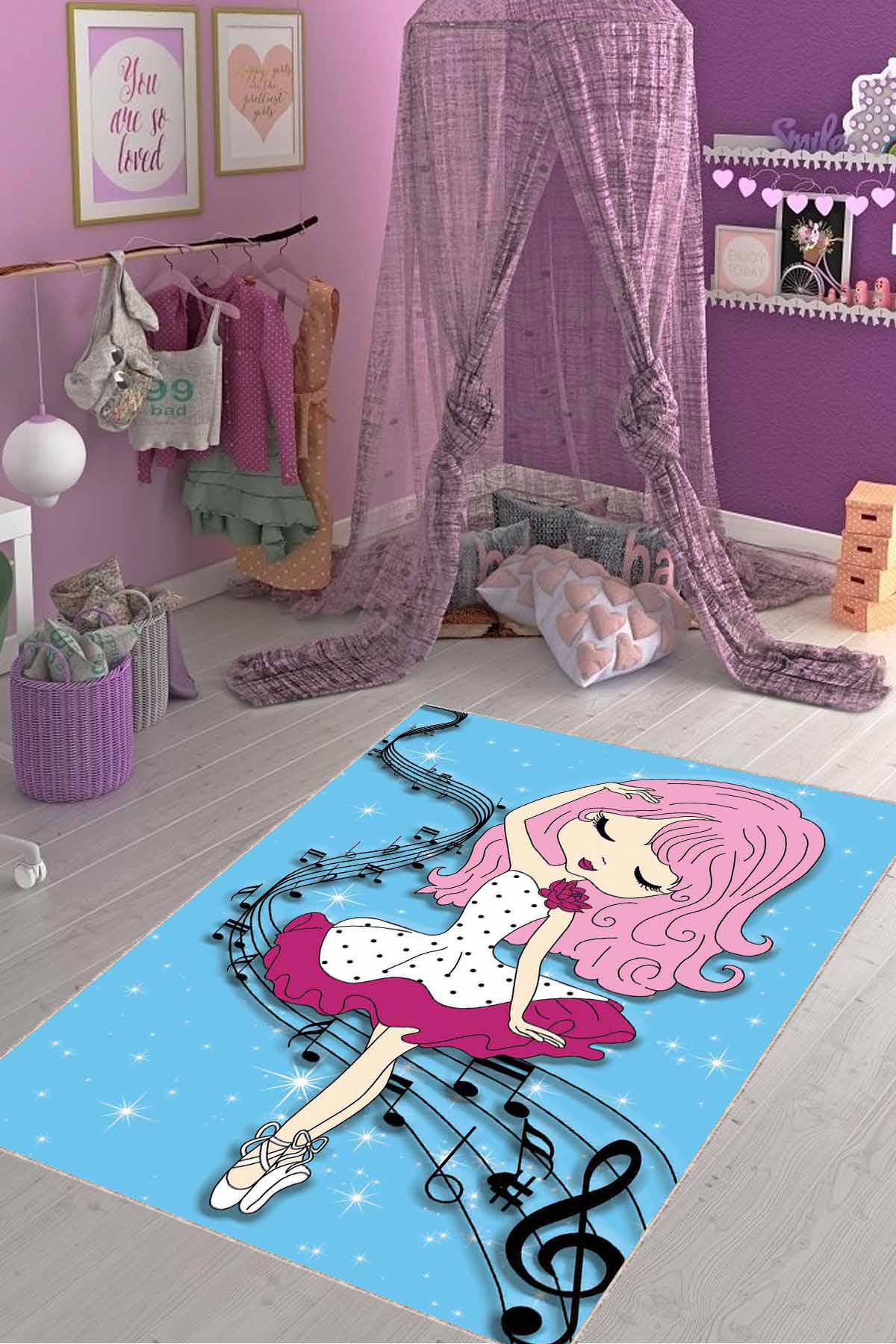 Viva Home KD115 Mavi 7 mm Mikropolyester Leke tutmaz Yıkanabilir İnce Kaymaz Dot Taban Dikdörtgen Makine Dokuma Çocuk Odası Halısı 80x500 cm
