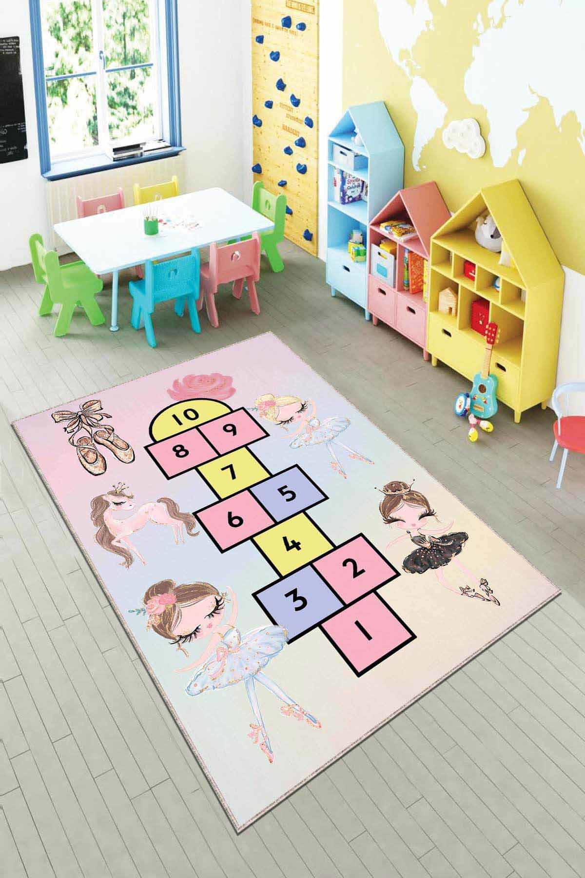 Viva Home AR766 Krem 7 mm Mikropolyester Leke Tutmaz Yıkanabilir Orta Kaymaz Dot Taban Dikdörtgen Makine Dokuma Çocuk Odası Halısı 130x190 cm