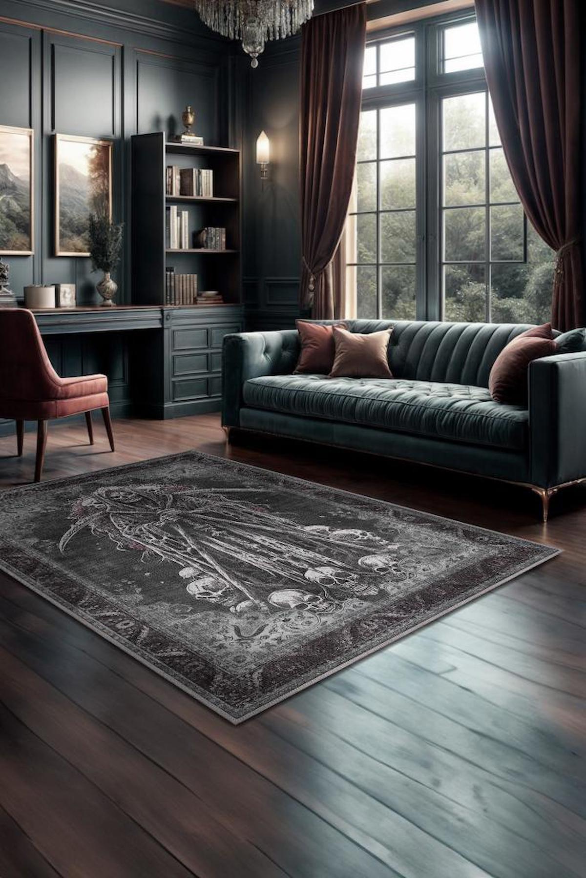 Homshtag Kuru Kafa Çok Renkli 4 mm Pamuk Antistatik Yıkanabilir İnce Kaymaz Gotik Temalı Dikdörtgen Makine Dokuma Salon Halısı 100x160 cm