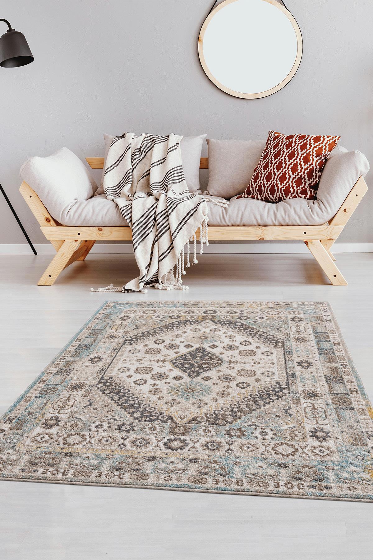 Petra Home Living Safir Krem Pamuk Yıkanabilir Kalın Kaymaz Lateks Taban Dikdörtgen Makine Dokuma Salon Halısı 120x200 cm
