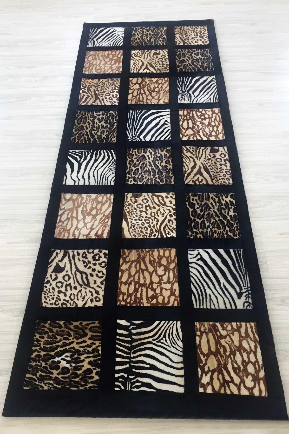Leatinn Siyah Deri Antibakteriyel Yıkanabilir Kaymaz Deri Taban Geometrik Dikdörtgen El Dokuması Salon Halısı 80x150 cm