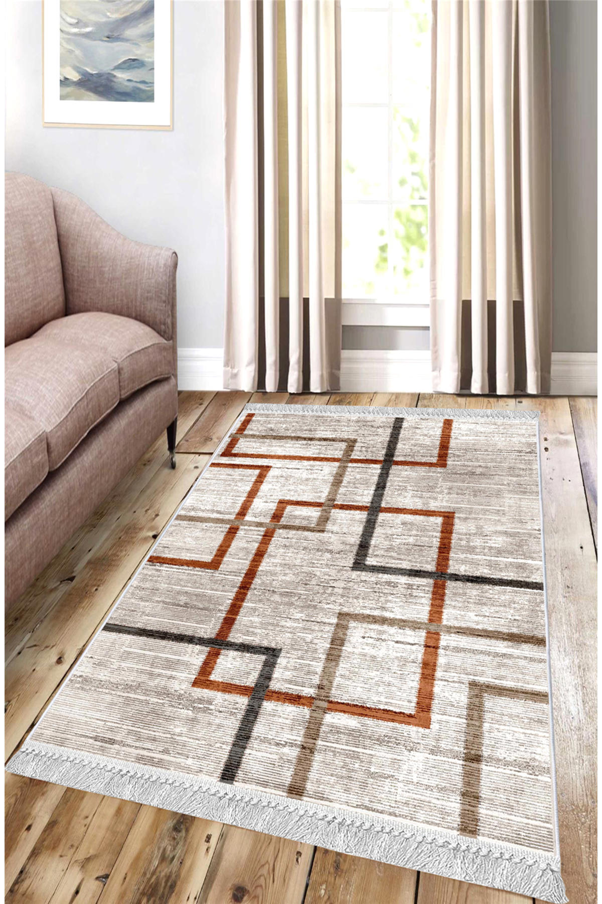 Artizon ART160 Bej 0.8 mm Polyester Toz Tutmaz Yıkanabilir İnce Kaymaz Dot Taban Dikdörtgen Makine Dokuma Salon Halısı 75x300 cm