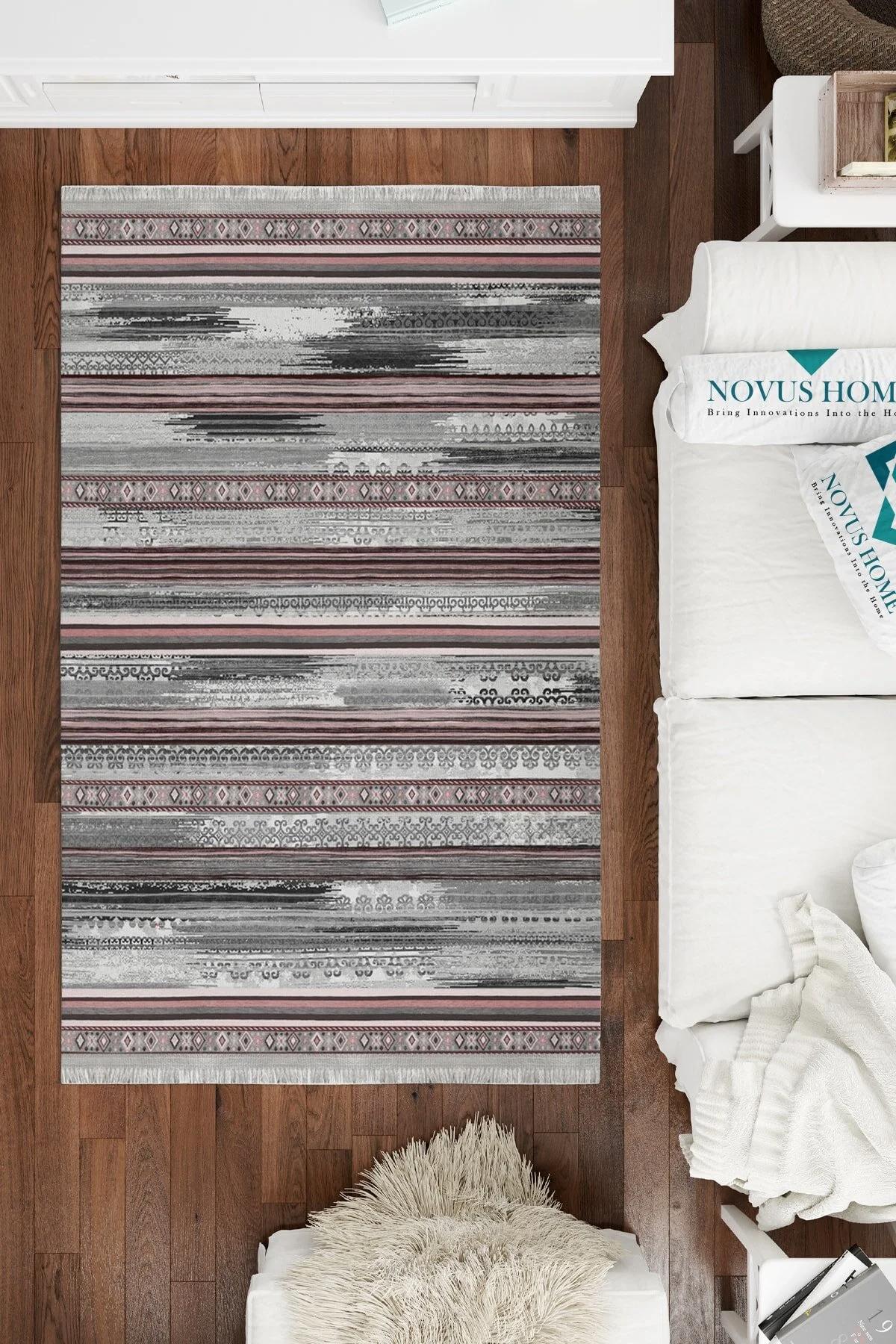 Novus Home Cotton Serisi Pembe-Siyah 5 mm Pamuk Antibakteriyel-Toz Tutmaz-Yalıtıma Yardımcı Yıkanabilir İnce Kaymaz Taban Dikdörtgen Makine Dokuma Antre-Salon-Yatak Odası Halısı 80x150 cm
