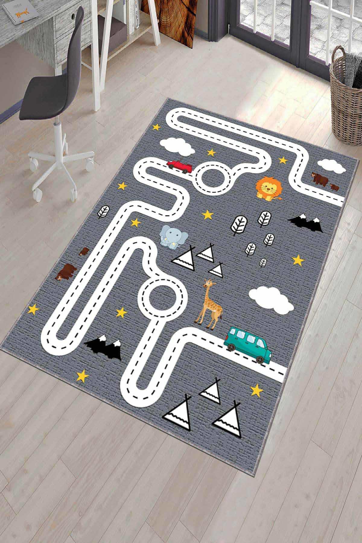 Viva Home AR220 Gri 7 mm Mikropolyester Toz Tutmaz Yıkanabilir İnce Kaymaz Dot Taban Dikdörtgen Makine Dokuma Çocuk Odası Halısı 160x230 cm