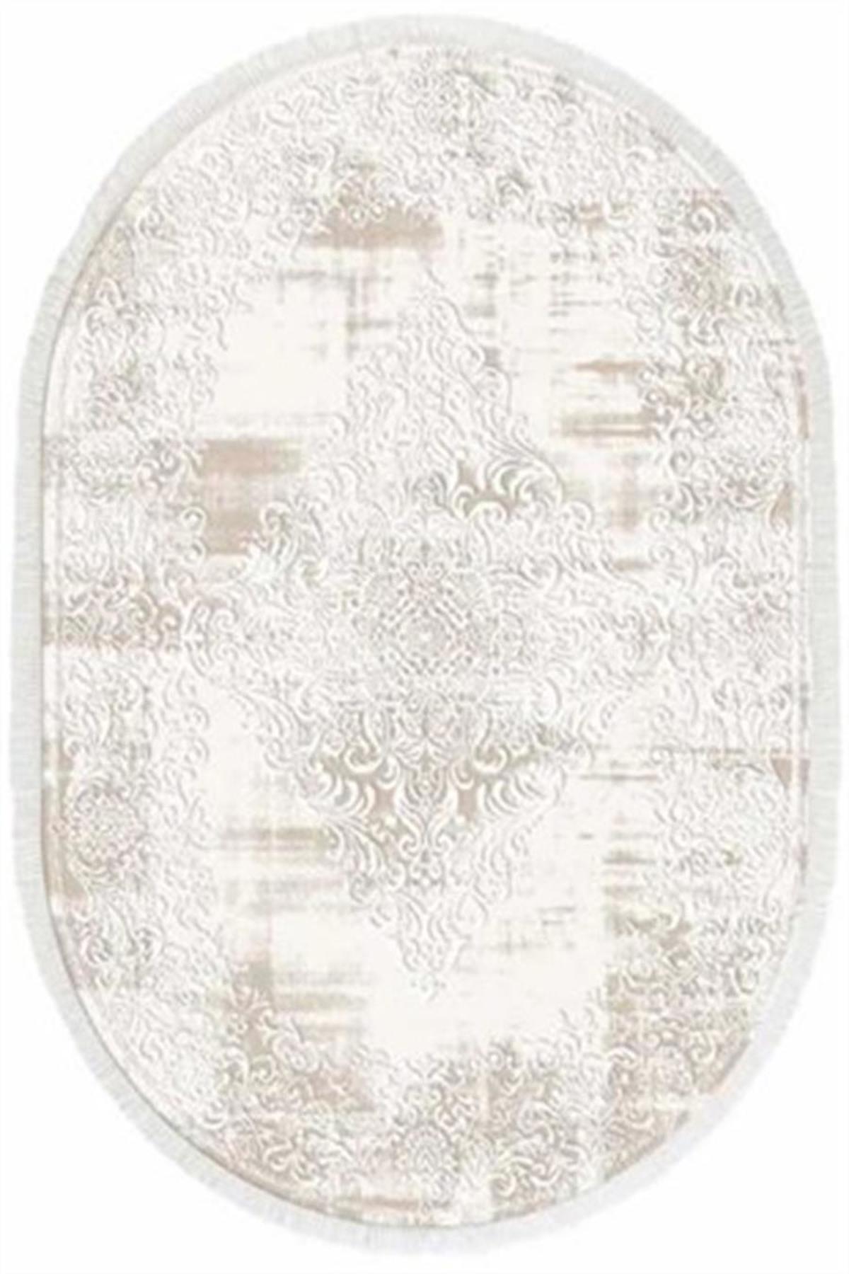 İpek Mekik Halı Sardes 6110 Krem 10 mm Akrilik Yıkanabilir Orta Kaymaz Pamuk Taban Oval Makine Dokuma Antre-Çocuk Odası-Salon-Yatak Odası Halısı 80x150 cm