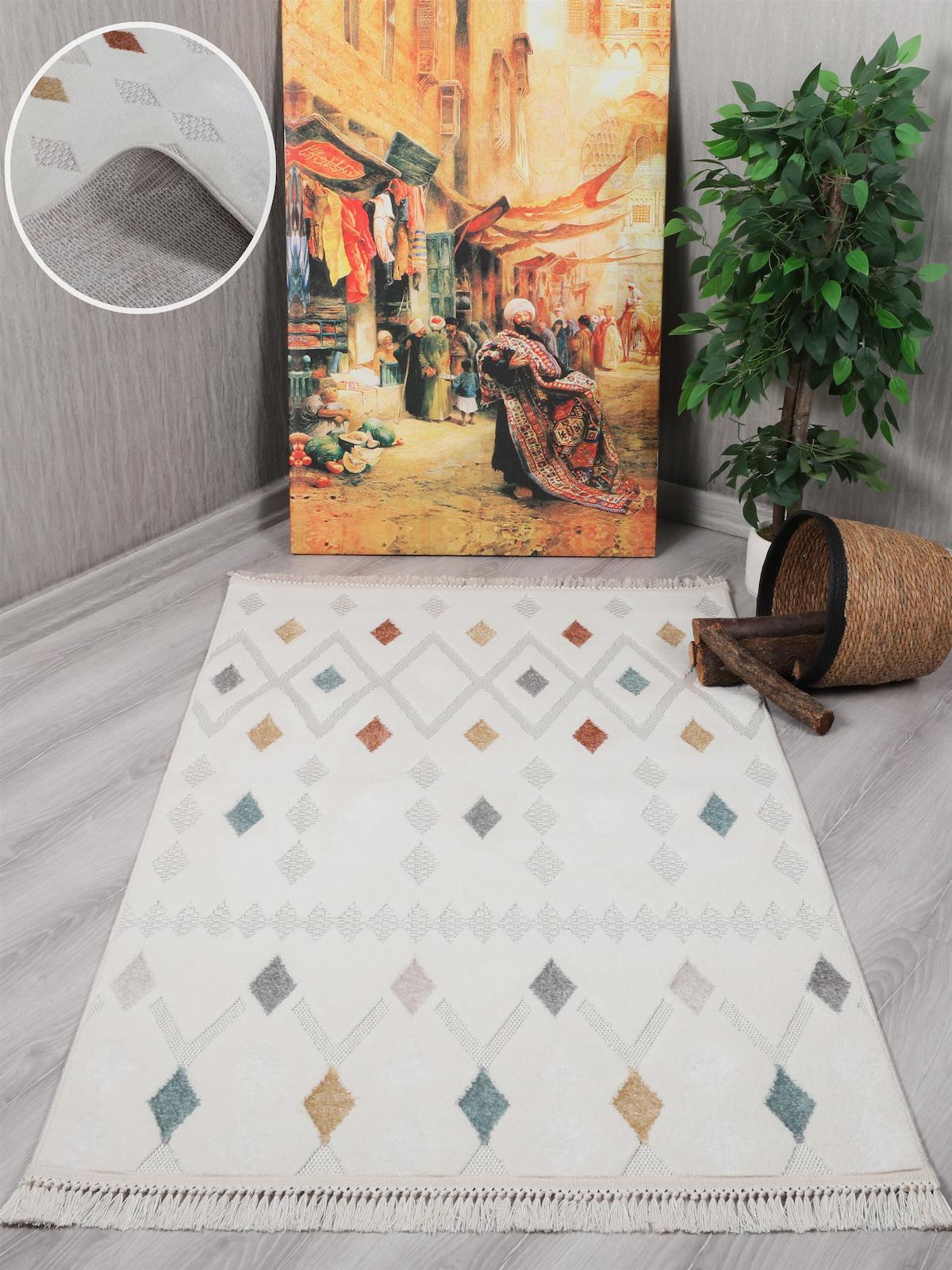 My Evilla 9803A Krem 10 mm Polyester Yıkanabilir Orta Dikdörtgen Makine Dokuma Salon Halısı 80x150 cm