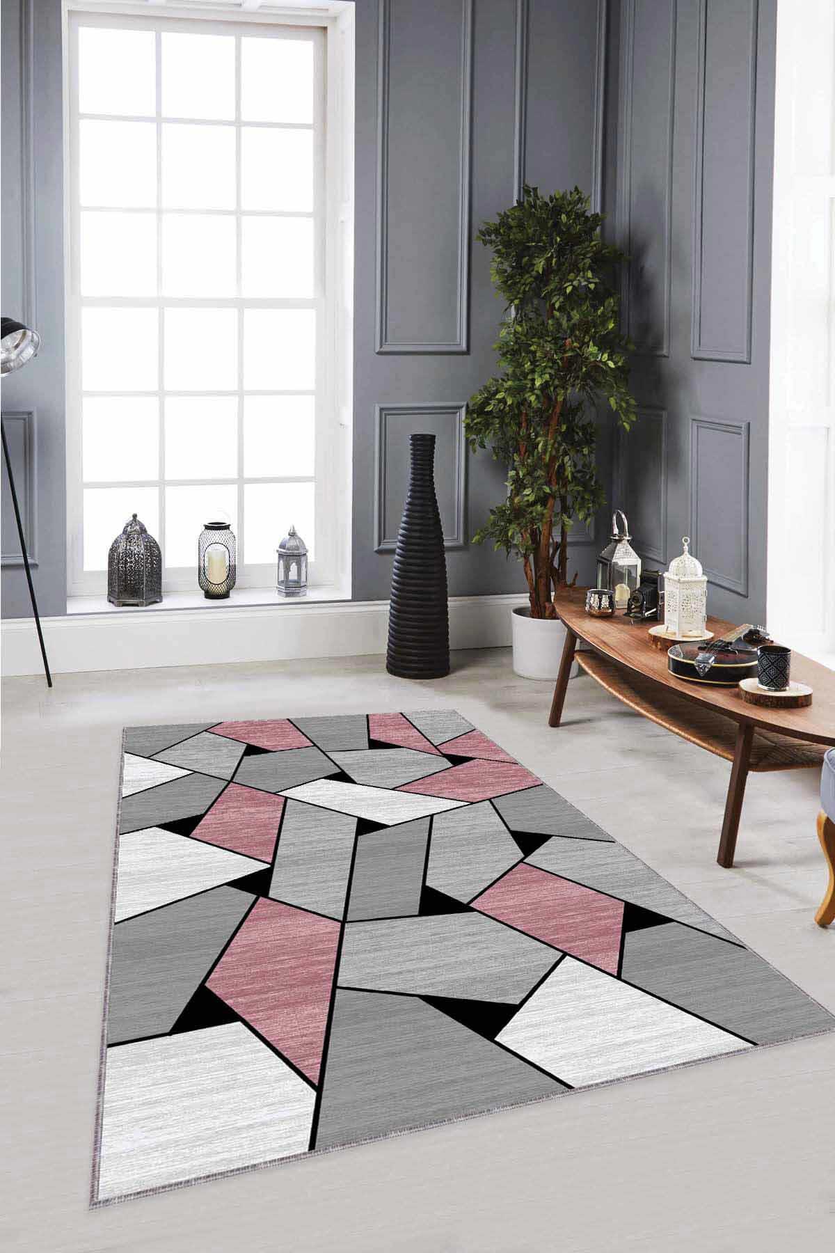Viva Home WL04 Pembe 7 mm Mikropolyester Antibakteriyel Yıkanabilir İnce Kaymaz Dot Taban Dikdörtgen Makine Dokuma Salon Halısı 100x200 cm