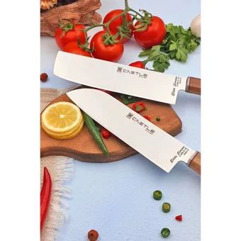Castle Şef Bıçak Seti 2 Parça Nakiri ve Santoku Ceviz Ağacı Sap Et Ekmek Sebze Doğrama Bıçağı