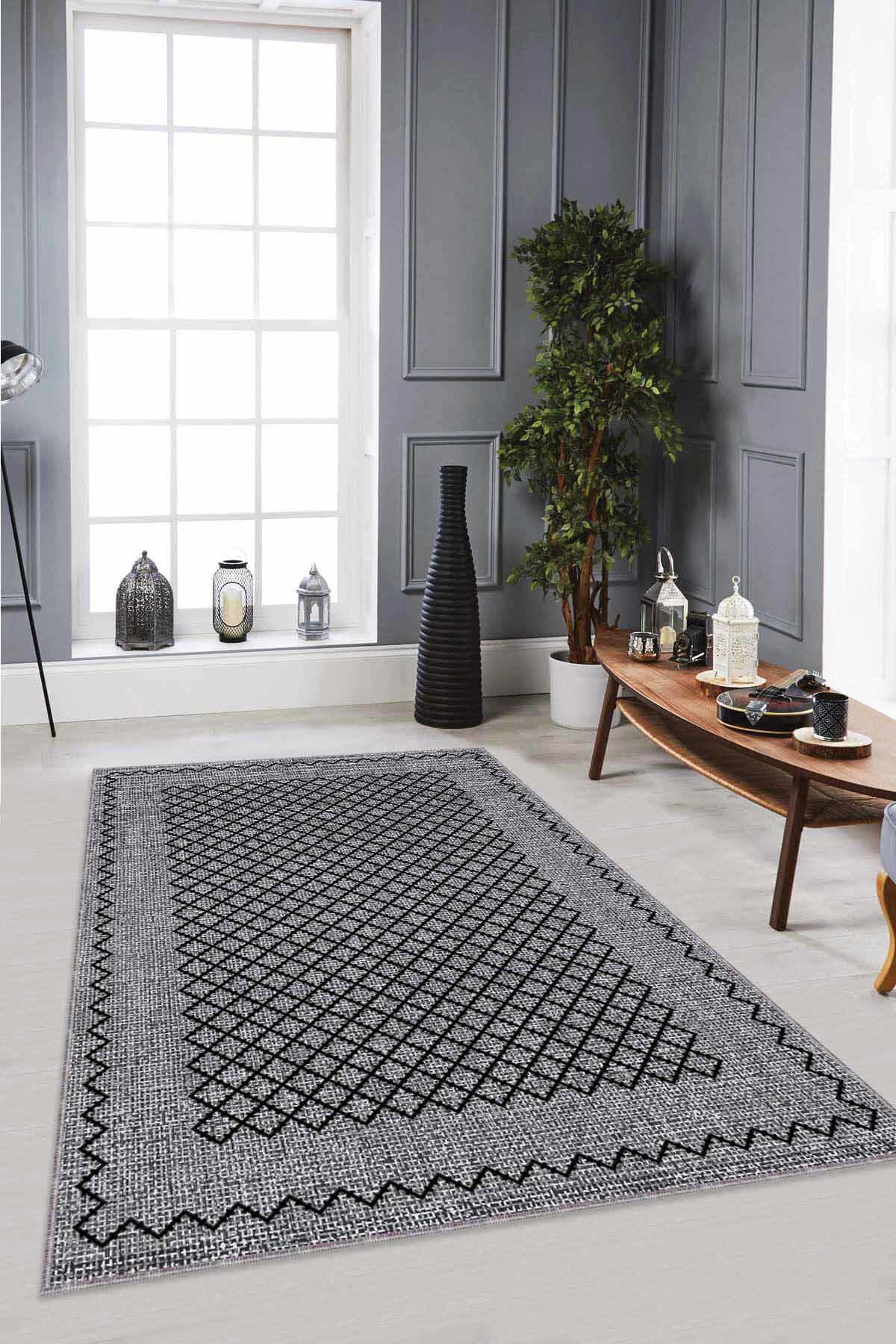 Viva Home RV173 Gri 7 mm Mikropolyester Toz Tutmaz Yıkanabilir İnce Kaymaz Dot Taban Geometrik Dikdörtgen Makine Dokuma Salon Halısı 100x300 cm