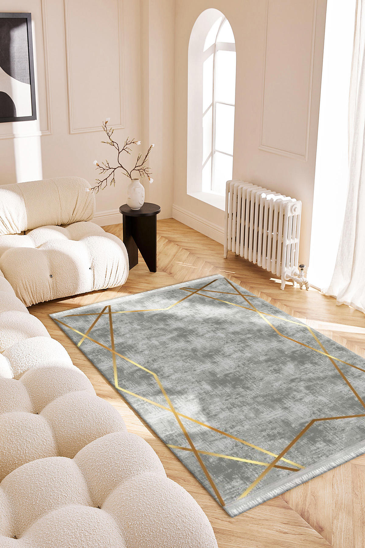 Roslyn Home Altın-Gri 6 mm Polyester Toz Tutmaz Yıkanabilir İnce Kaymaz Dot Taban Dikdörtgen Makine Dokuma Salon Halısı 150x200 cm