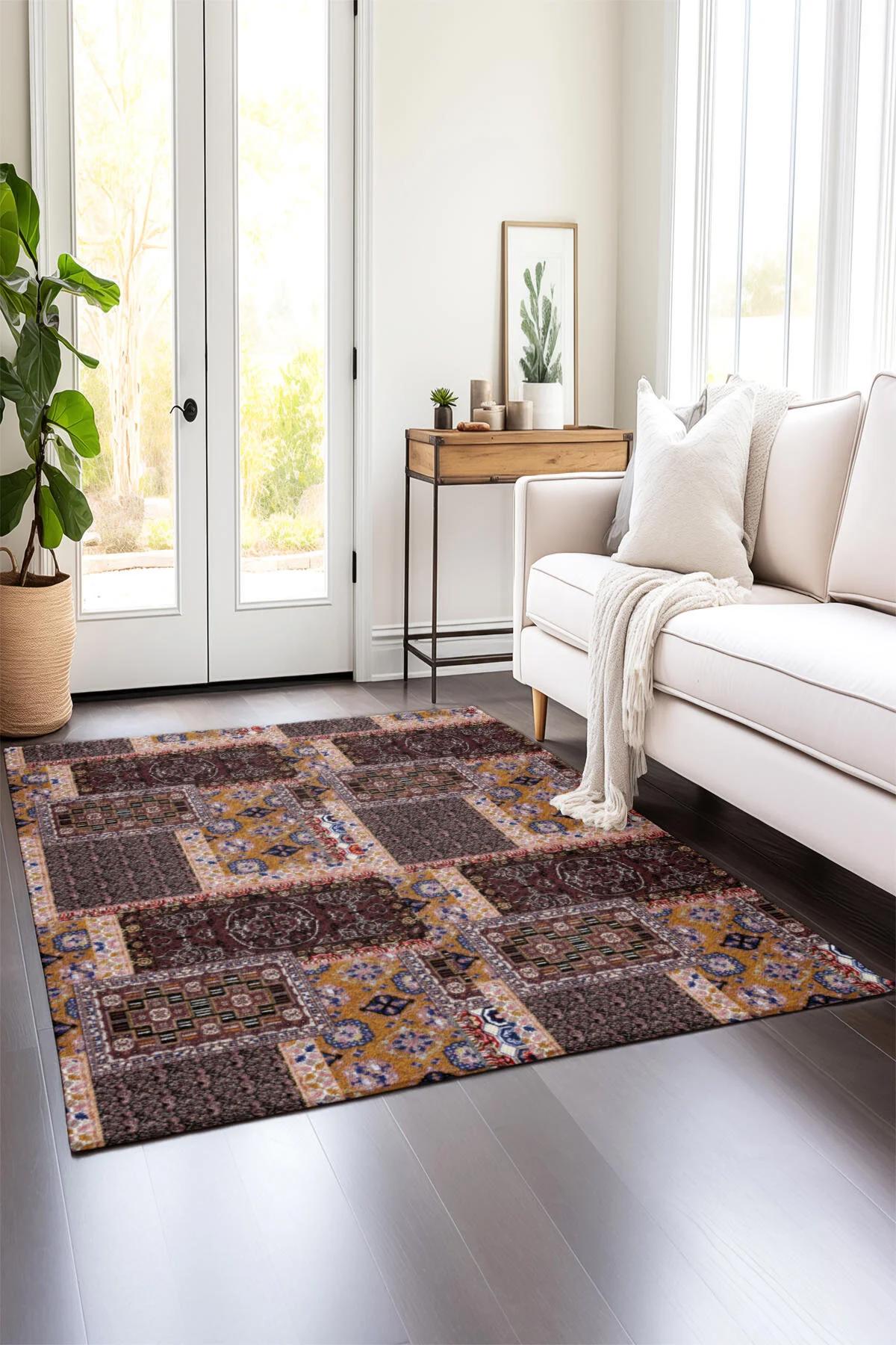 Comotex Krem 7 mm Polyester Antibakteriyel Yıkanabilir Kalın Kaymaz Taban Dikdörtgen Makine Dokuma Salon Halısı 120x350 cm