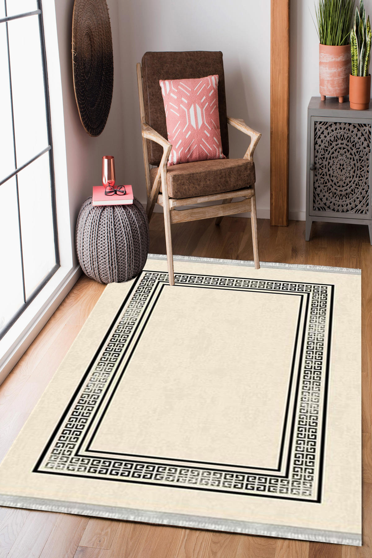 Homier Collection H-KS-3096A Bej-Siyah 7 mm Pamuk Antibakteriyel Yıkanabilir Orta Kaymaz Dot Taban Dikdörtgen Makine Dokuma Salon Halısı 100x150 cm