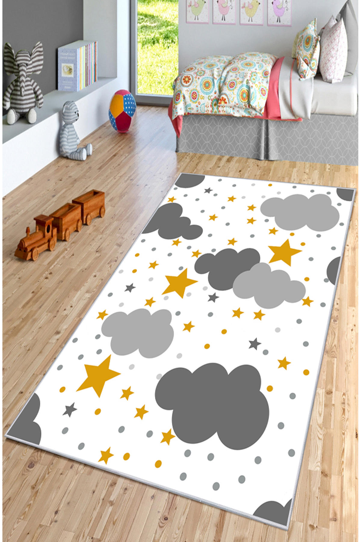 Artizon ART-C-015 Çok Renkli 0.8 mm Polyester Toz Tutmaz Yıkanabilir İnce Kaymaz Dot Taban Dikdörtgen Makine Dokuma Çocuk Odası Halısı 200x230 cm