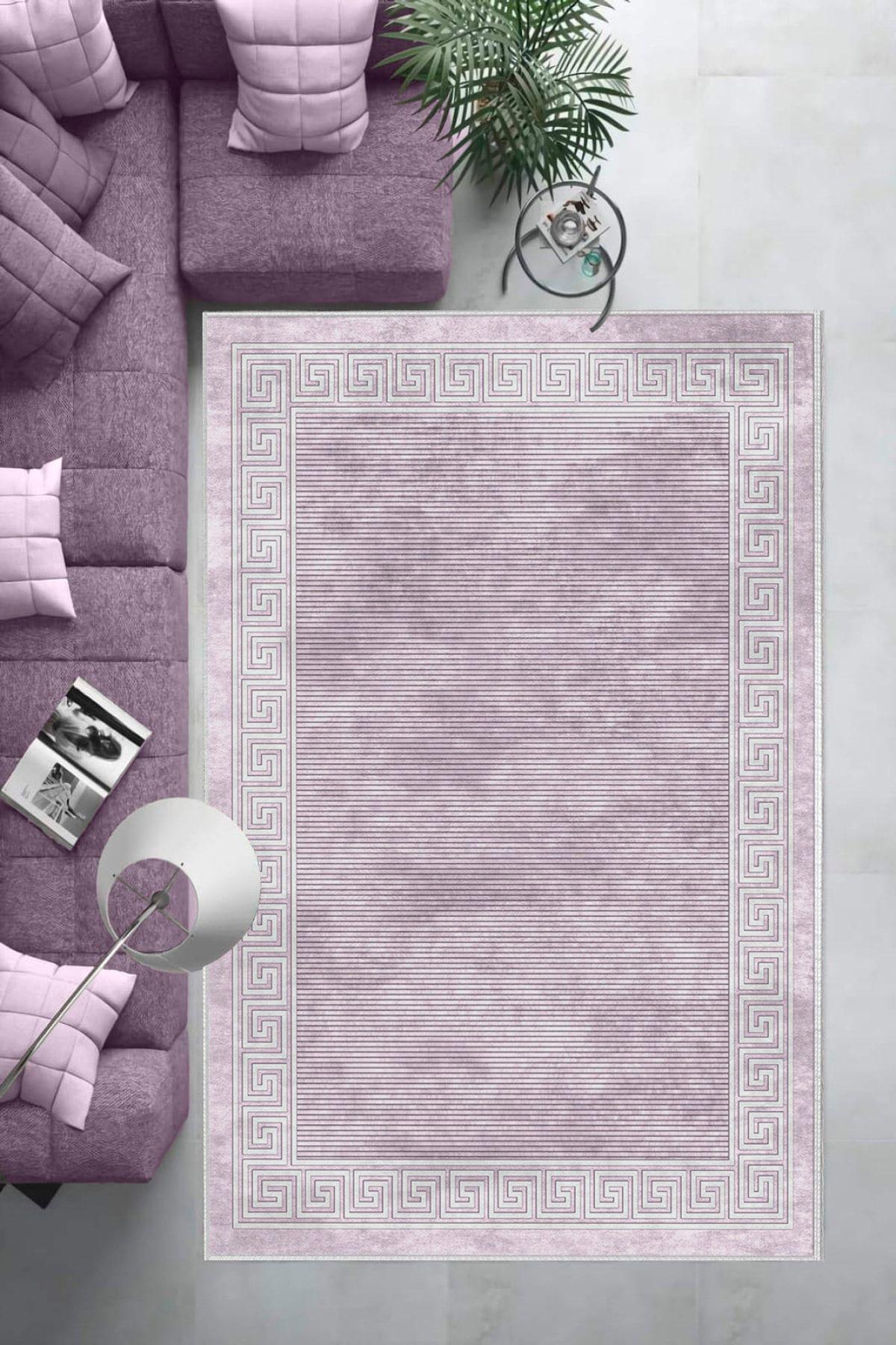 Aldora B1200 Pembe 9 mm Deri Leke tutmaz Yıkanabilir İnce Kaymaz Deri Taban Dikdörtgen Makine Dokuma Salon Halısı 80x500 cm