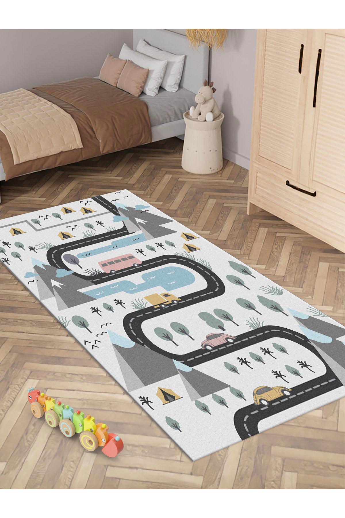 İnspira Çok Renkli 12 mm Polyester Antibakteriyel Yıkanabilir İnce Kaymaz Dot Taban Dikdörtgen Makine Dokuma Çocuk Odası Halısı 80x300 cm