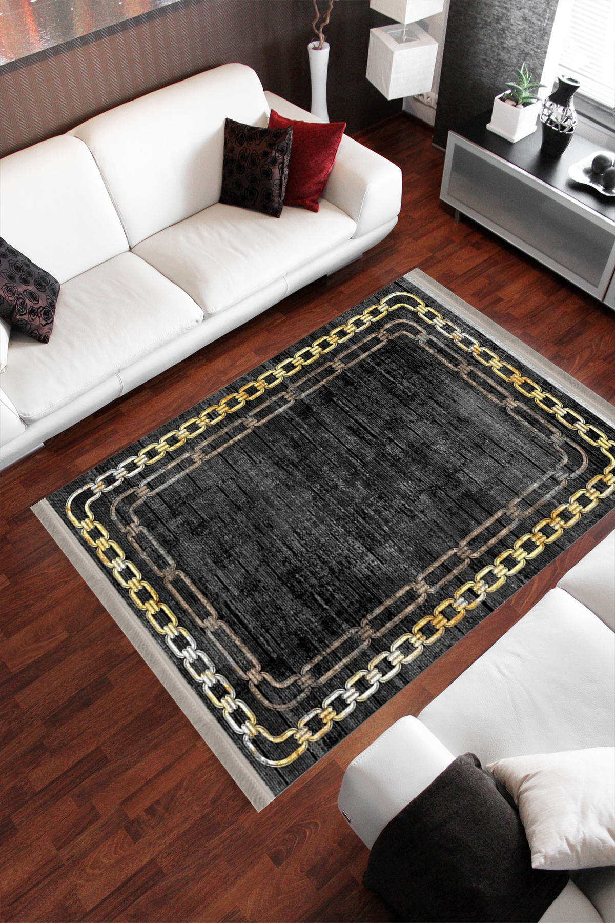 Homier Collection H-KS-3090A Altın-Siyah 7 mm Pamuk Antibakteriyel Yıkanabilir Orta Kaymaz Dot Taban Dikdörtgen Makine Dokuma Salon Halısı 100x150 cm