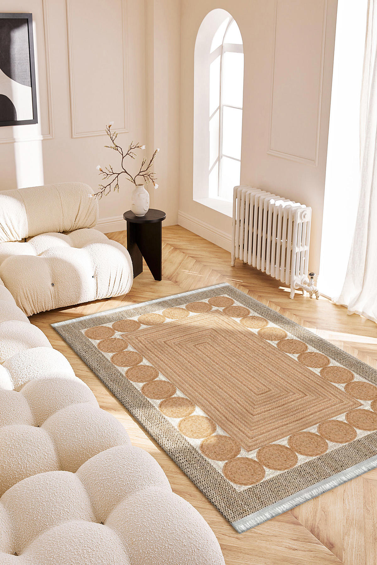 Roslyn Home Krem 6 mm Polyester Toz Tutmaz Yıkanabilir İnce Kaymaz Dot Taban Dikdörtgen Makine Dokuma Salon Halısı 80x200 cm