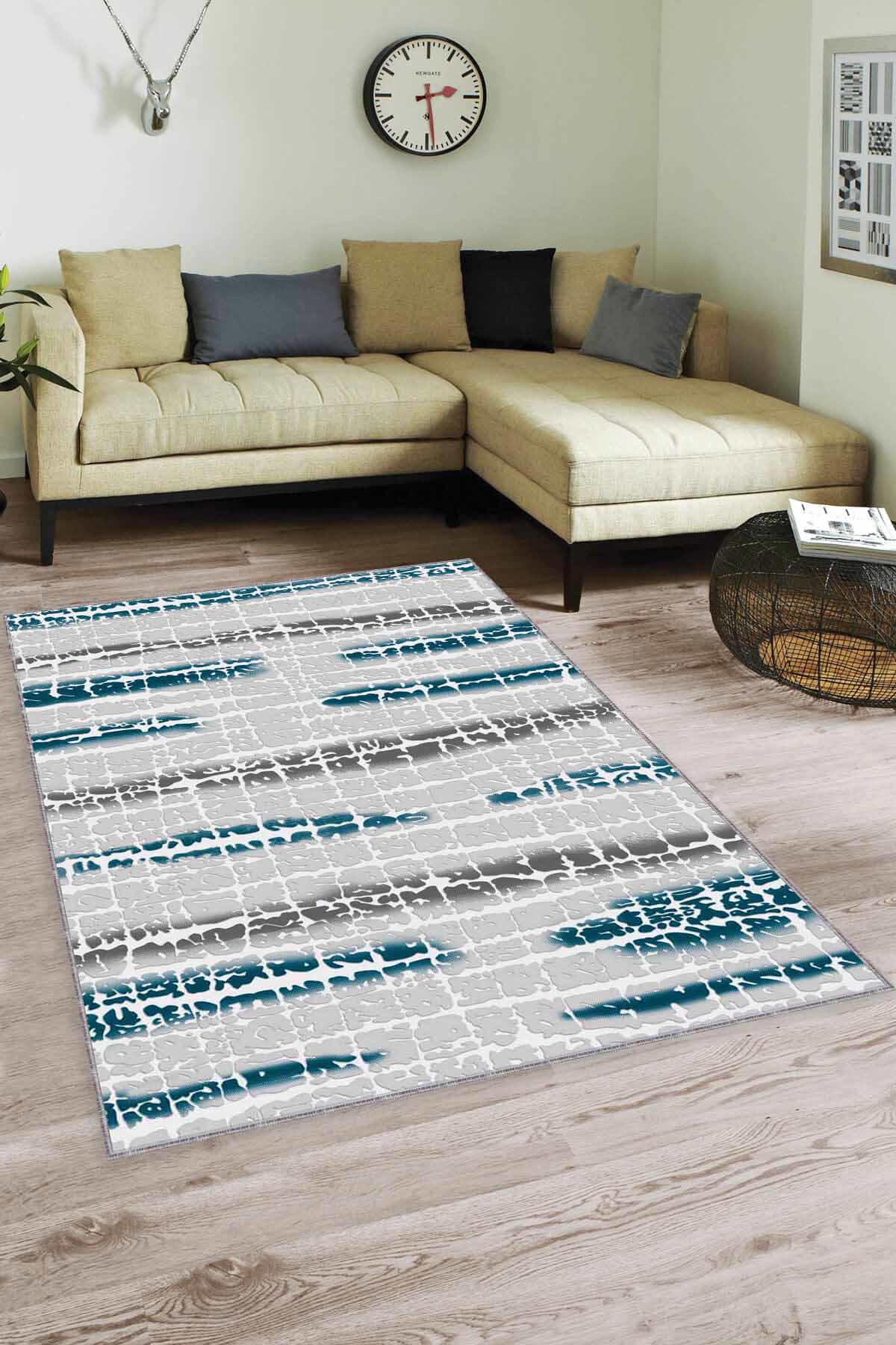 Viva Home FL09 Çok Renkli 7 mm Mikropolyester Leke Tutmaz-Yalıtıma Yardımcı Yıkanabilir İnce Kaymaz Taban Dikdörtgen Makine Dokuma Salon Halısı 160x230 cm