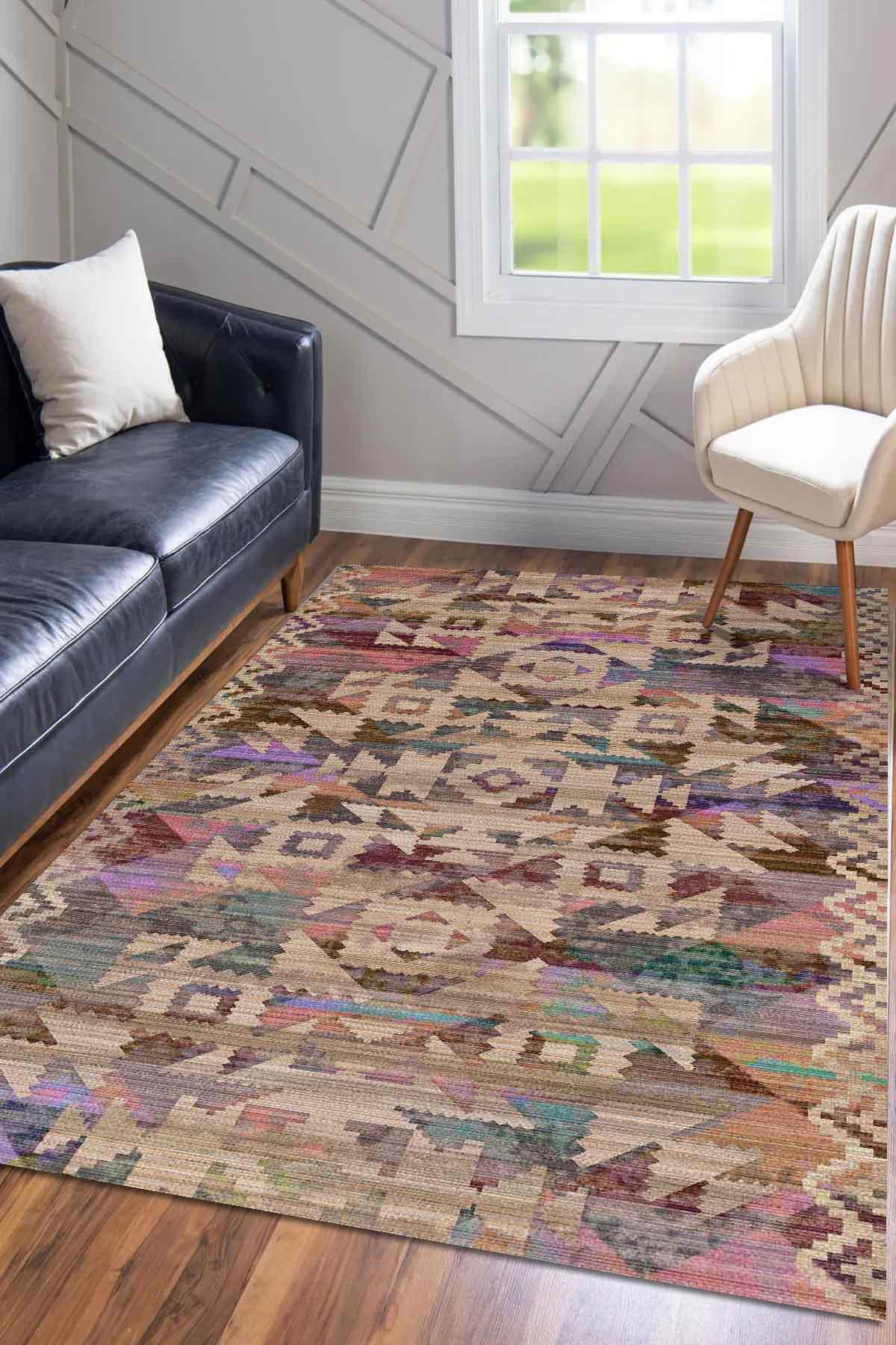 Aida Home Adelina Çok Renkli 0.5 mm Pamuk Yıkanabilir İnce Kaymaz Jüt Taban Dikdörtgen Makine Dokuma Salon Halısı 140x160 cm