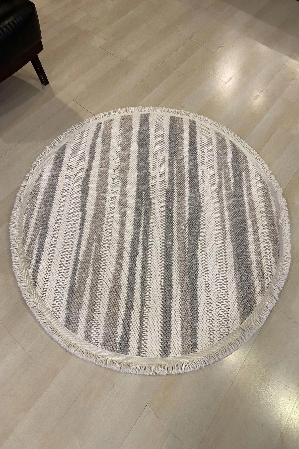 Eko Halı Motto MOT02 Krem 10 mm Polyester Yıkanabilir İnce Kaymaz Yuvarlak Makine Dokuma Salon Halısı 133x190 cm
