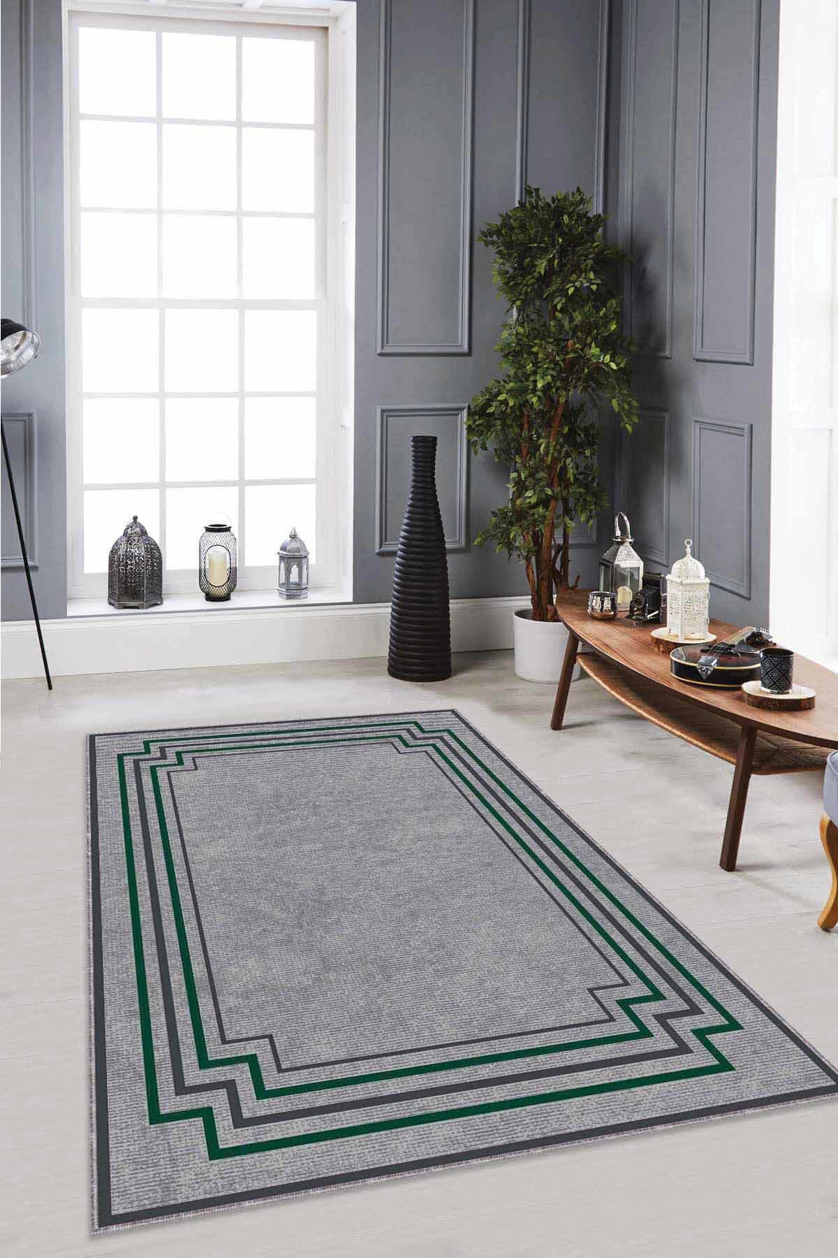 Viva Home RV052 Yeşil 7 mm Mikropolyester Toz Tutmaz Yıkanabilir İnce Kaymaz Taban Dikdörtgen Makine Dokuma Antre-Salon-Yatak Odası Halısı 120x200 cm