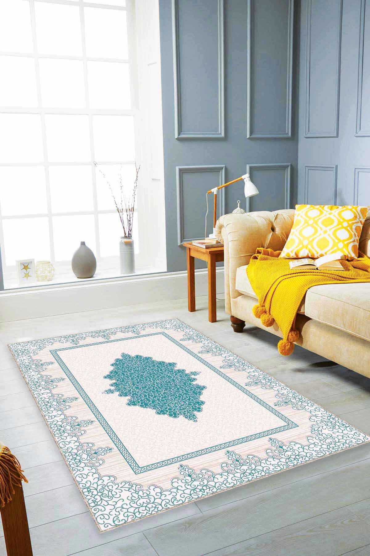 Viva Home MK70 Beyaz-Turkuaz 7 mm Mikropolyester Koku Yapmaz-Leke Tutmaz-Toz Tutmaz Yıkanabilir İnce Kaymaz Dot Taban Dikdörtgen Makine Dokuma Antre-Oturma Odası-Salon-Yatak Odası Halısı 120x300 cm