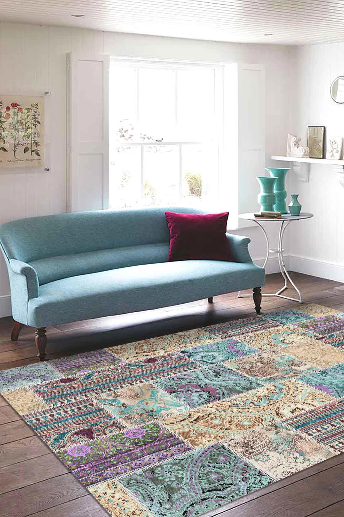 Latte Dizayn Echer Krem 0.5 mm Pamuk Antibakteriyel Yıkanabilir İnce Kaymaz Jüt Taban Dikdörtgen El Dokuması Salon Halısı 200x290 cm