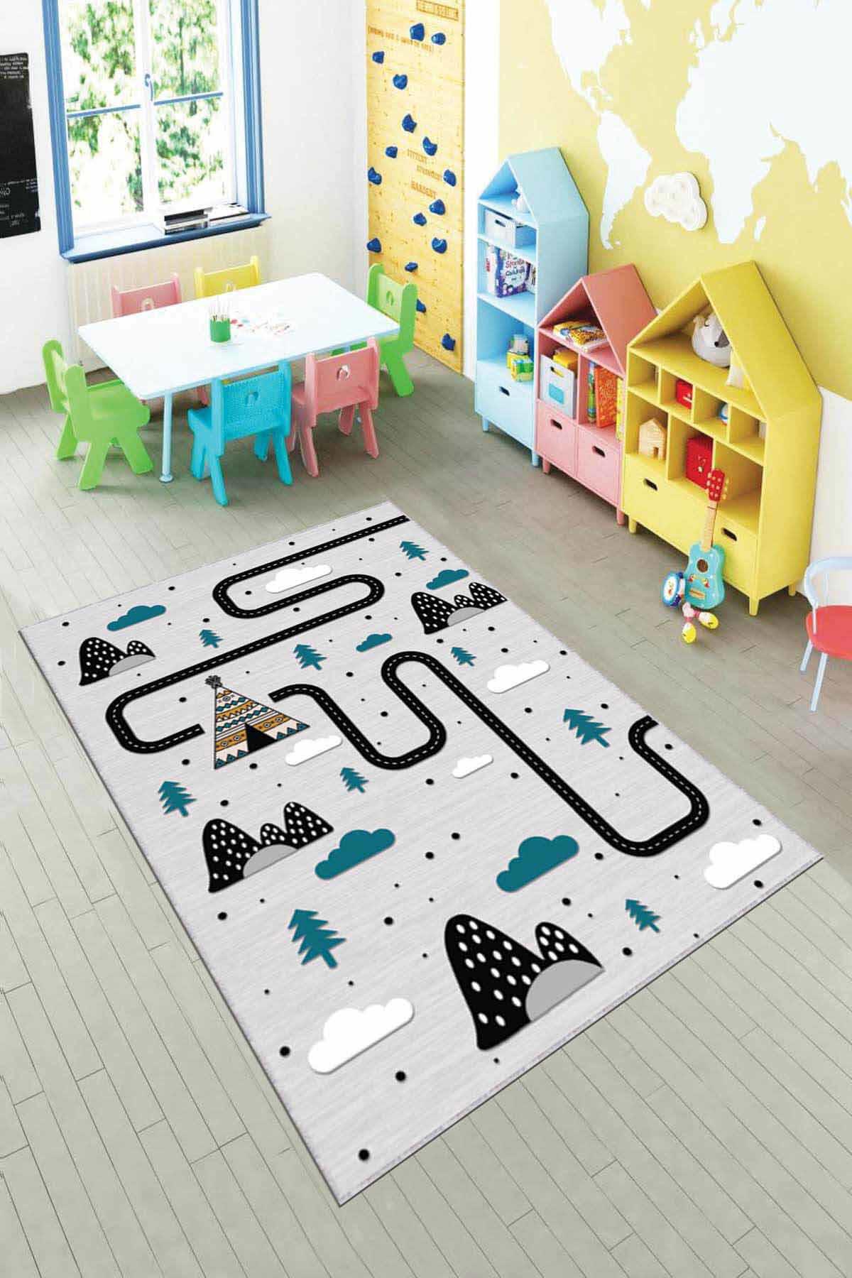Viva Home AR142 Gri 7 mm Mikropolyester Toz Tutmaz Yıkanabilir İnce Kaymaz Dot Taban Dikdörtgen Makine Dokuma Çocuk Odası Halısı 200x300 cm