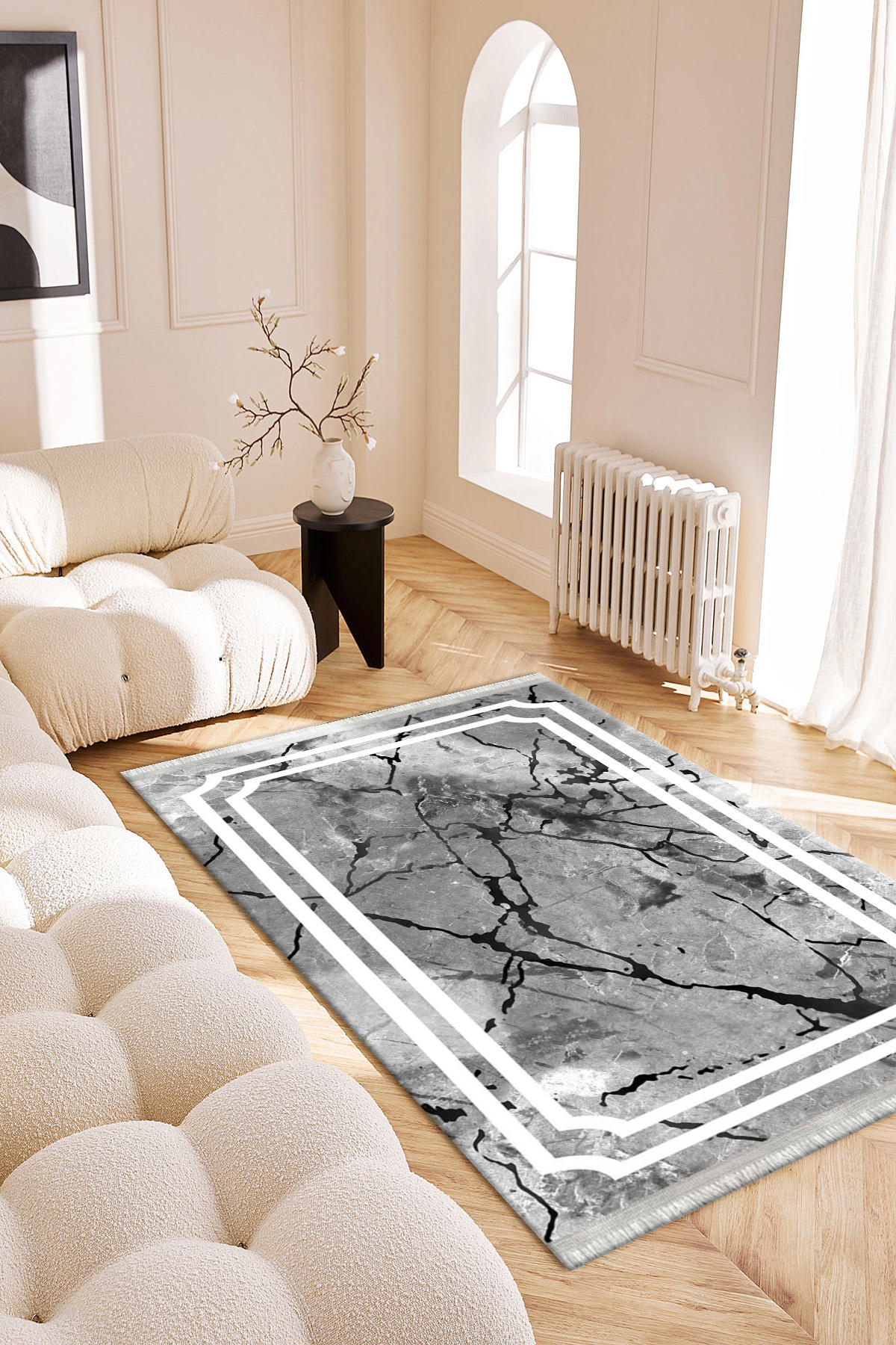 Roslyn Home Gri 6 mm Polyester Antibakteriyel Yıkanabilir İnce Kaymaz Dot Taban Dikdörtgen Makine Dokuma Salon Halısı 160x230 cm