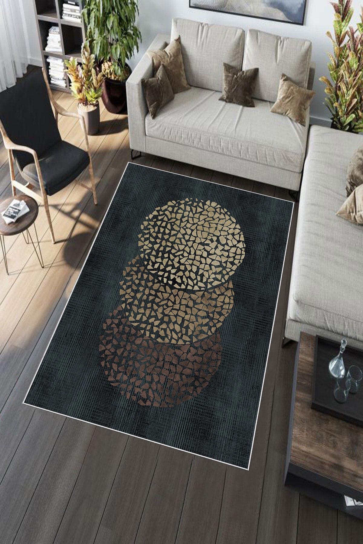 Aldora A220 Mavi - Siyah 9 mm Deri Antibakteriyel Yıkanabilir İnce Kaymaz Deri Taban Dikdörtgen Makine Dokuma Salon Halısı 160x230 cm