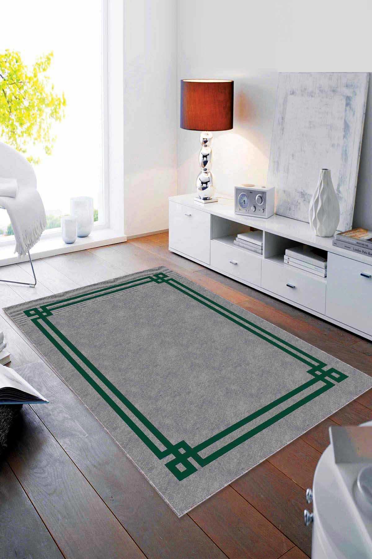 Viva Home RV057 Yeşil 7 mm Mikropolyester Toz Tutmaz Yıkanabilir İnce Kaymaz Taban Dikdörtgen Makine Dokuma Antre-Salon-Yatak Odası Halısı 160x230 cm