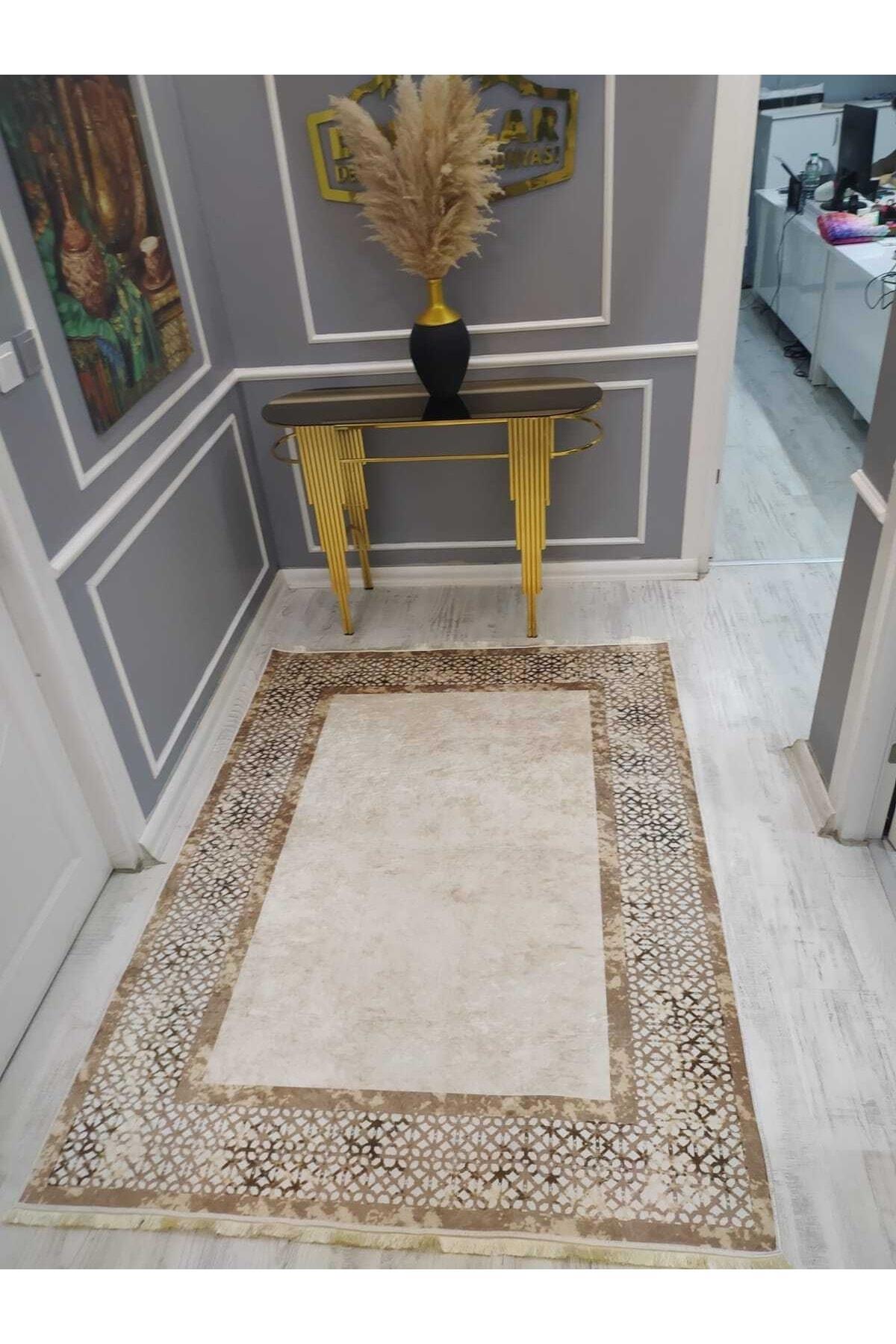 Sarar Krem 0.8 mm Mikropolyester Antibakteriyel Yıkanabilir İnce Kaymaz Dikdörtgen Makine Dokuma Salon Halısı 80x150 cm