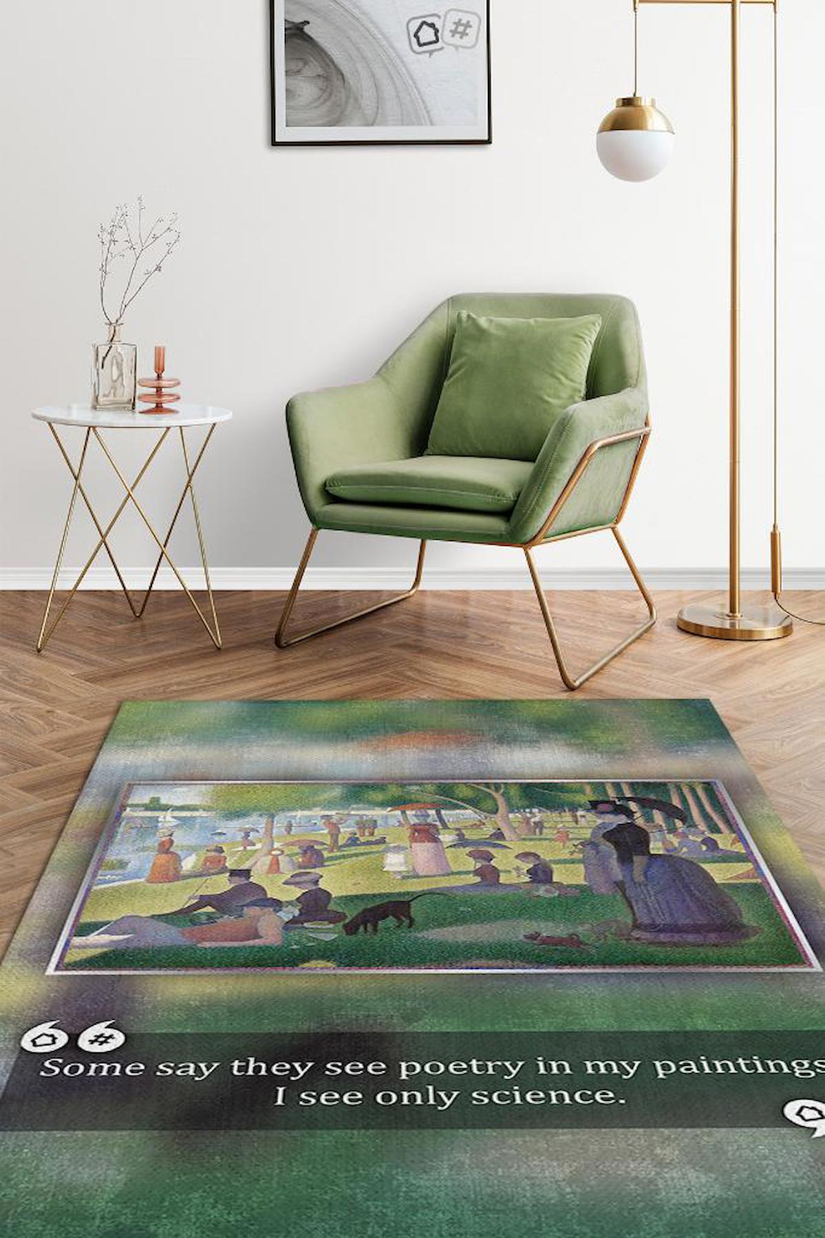 Homshtag Bir Pazar Günü Seurat Krem 4 mm Pamuk Antistatik Yıkanabilir İnce Kaymaz Dikdörtgen Makine Dokuma Salon Halısı 200x300 cm