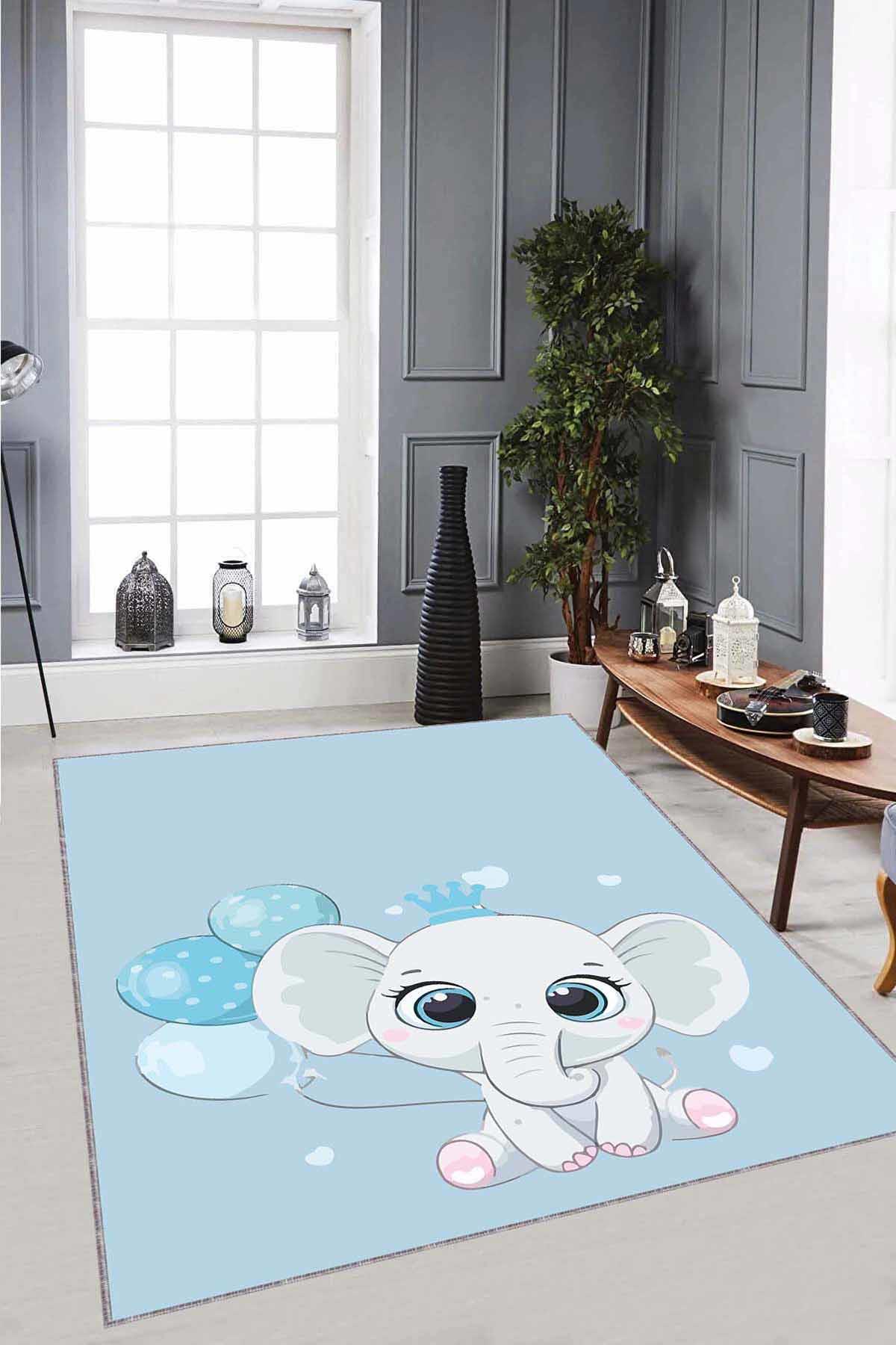 Viva Home AR1145 Mavi 7 mm Mikropolyester Leke tutmaz Yıkanabilir İnce Kaymaz Dot Taban Dikdörtgen Makine Dokuma Çocuk Odası Halısı 100x300 cm