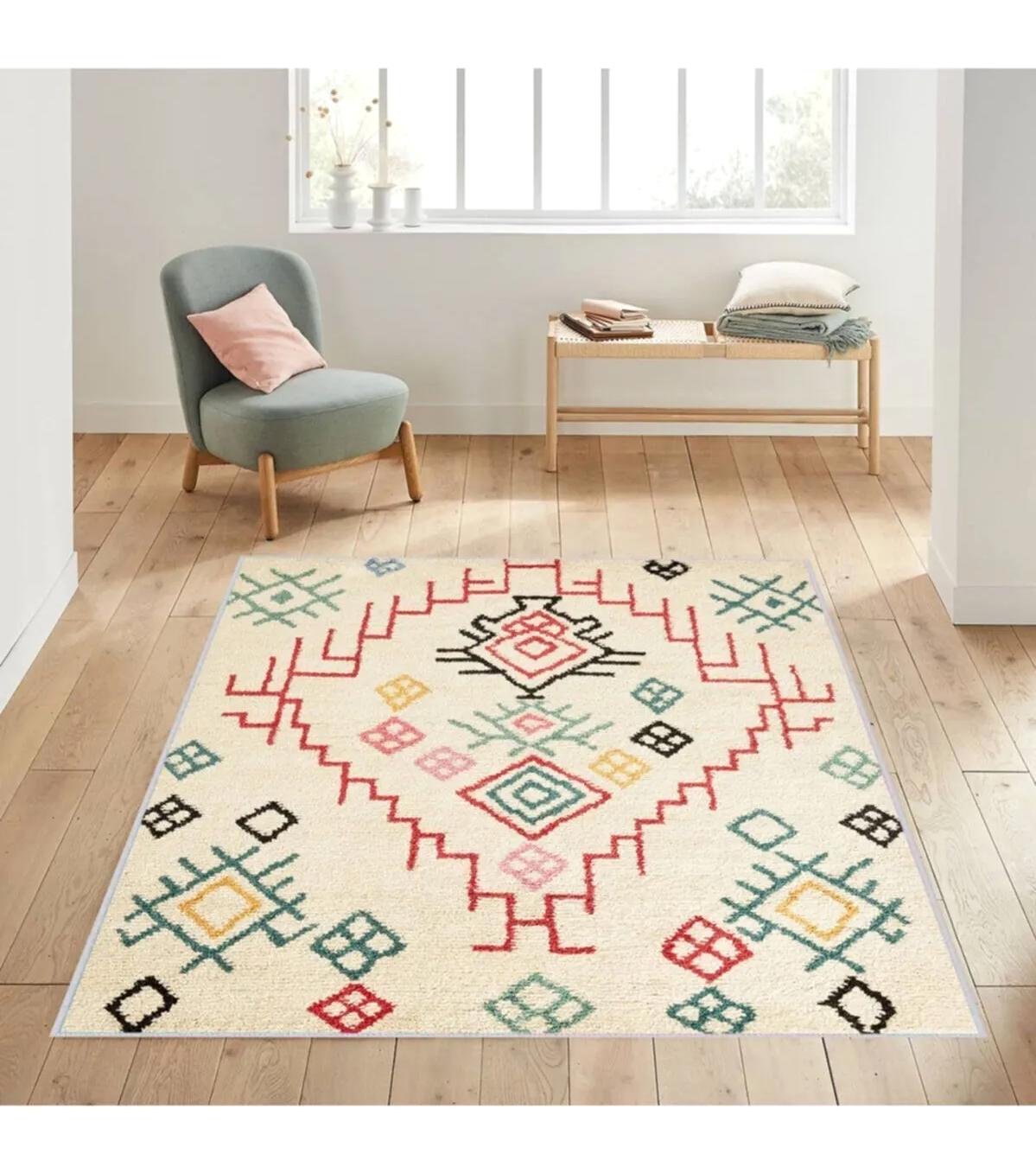 Rovigo Home RVG1018 Krem 8 mm Polyester Antibakteriyel-Leke Tutmaz-Toz Tutmaz Yıkanabilir İnce Kaymaz Dot Taban Dikdörtgen Makine Dokuma Salon Halısı 100x200 cm