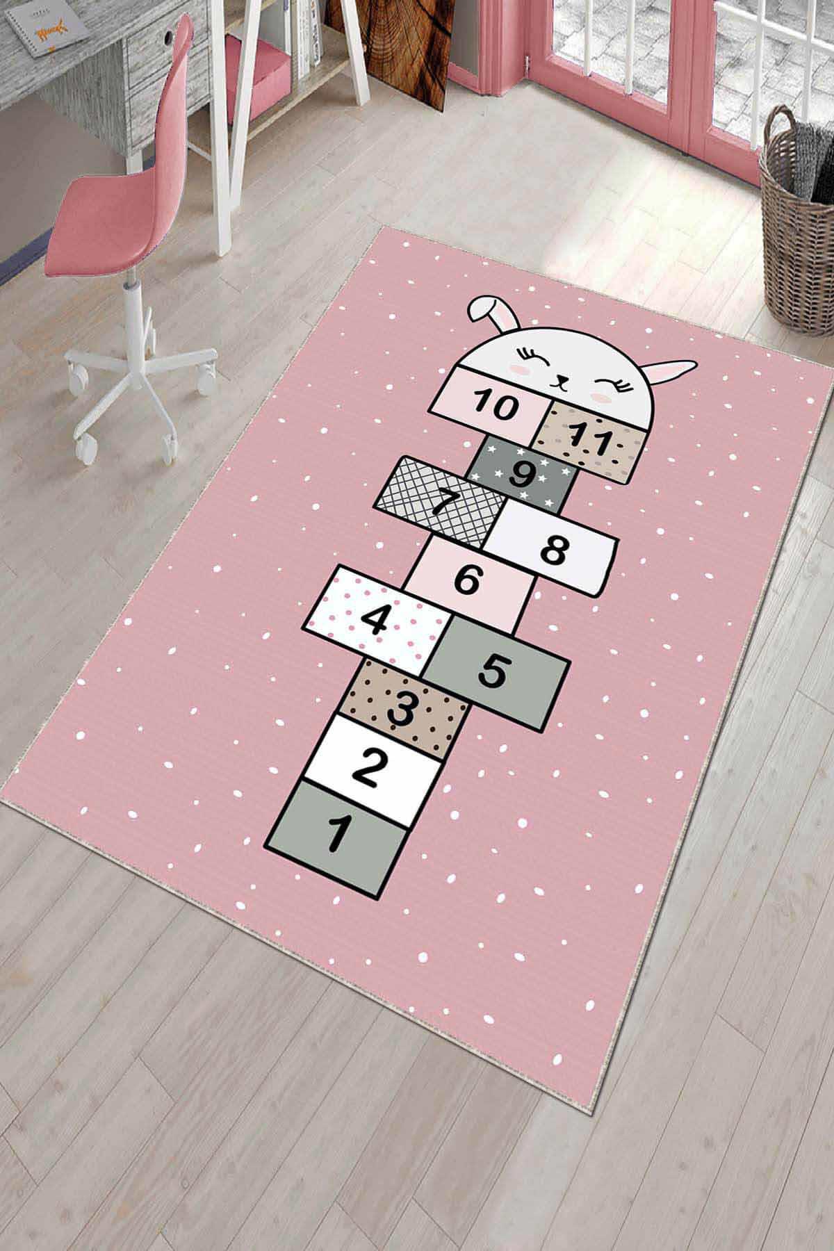 Viva Home AR824 Pembe 7 mm Mikropolyester Leke Tutmaz Yıkanabilir İnce Kaymaz Dot Taban Dikdörtgen Makine Dokuma Çocuk Odası Halısı 180x180 cm