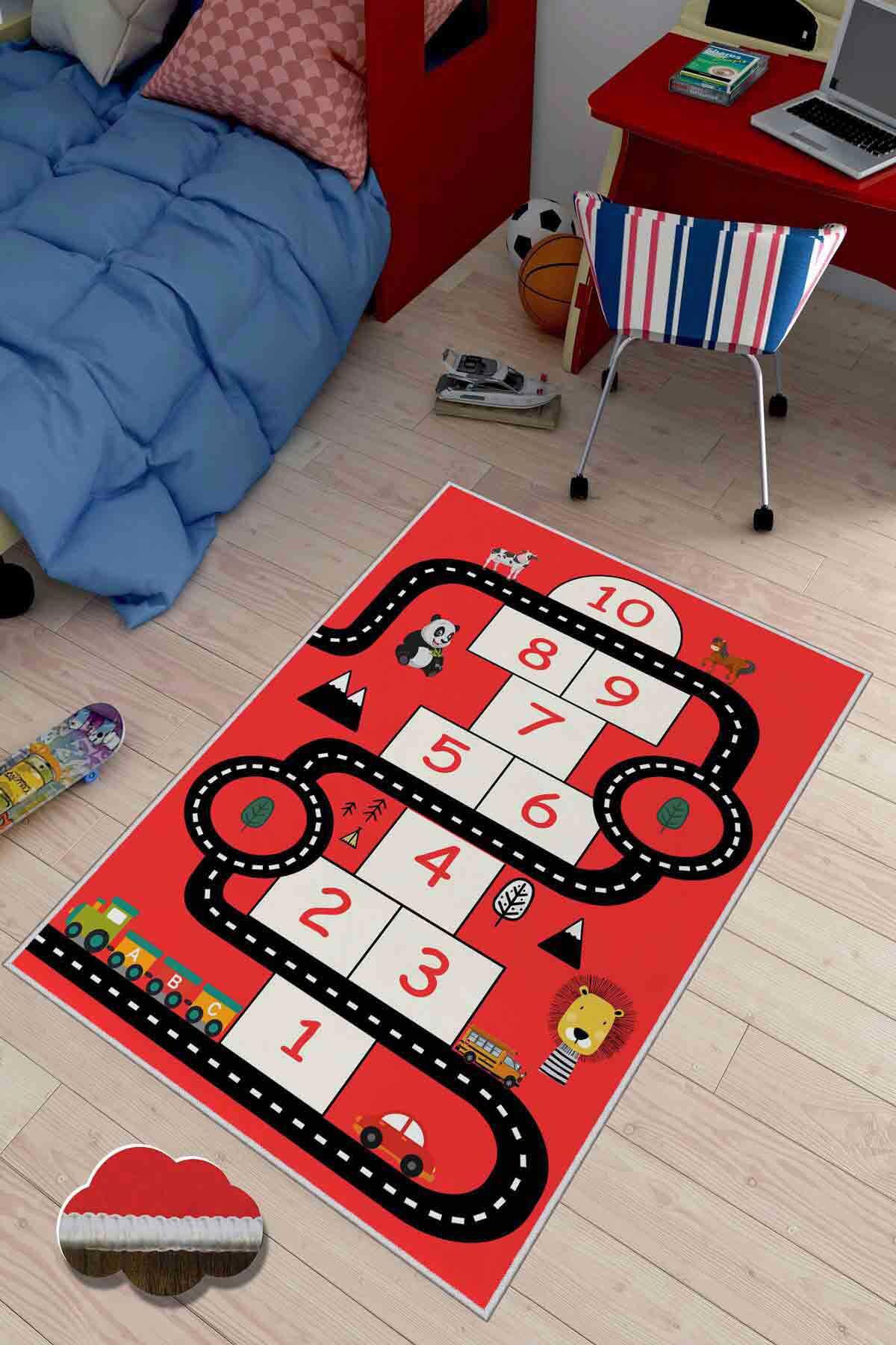 Homefesto Krem 5 mm Polyester Leke Tutmaz Yıkanabilir İnce Kaymaz Taban Eğitici Dikdörtgen Makine Dokuma Çocuk Odası Halısı 80x150 cm