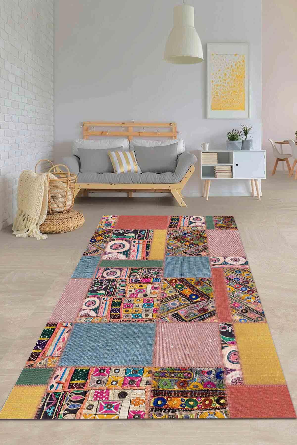 Latte Dizayn Glendas Krem 5-6 mm Pamuk Antibakteriyel Yıkanabilir İnce Kaymaz Pamuk Taban Dikdörtgen Makine Dokuma Salon Halısı 80x150 cm