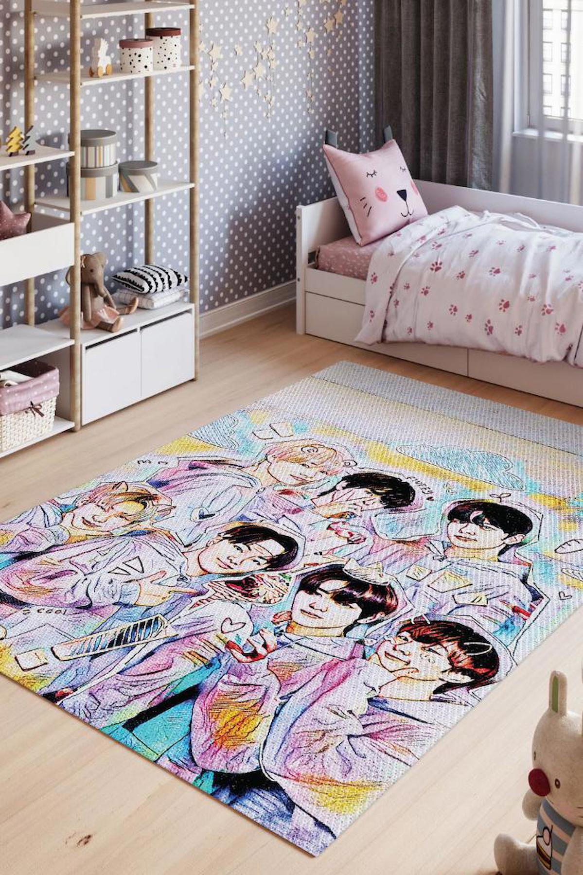 Homshtag Enhypen Çok Renkli 4 mm Pamuk Antistatik Yıkanabilir İnce Kaymaz Dikdörtgen Makine Dokuma Genç Odası Halısı 100x200 cm