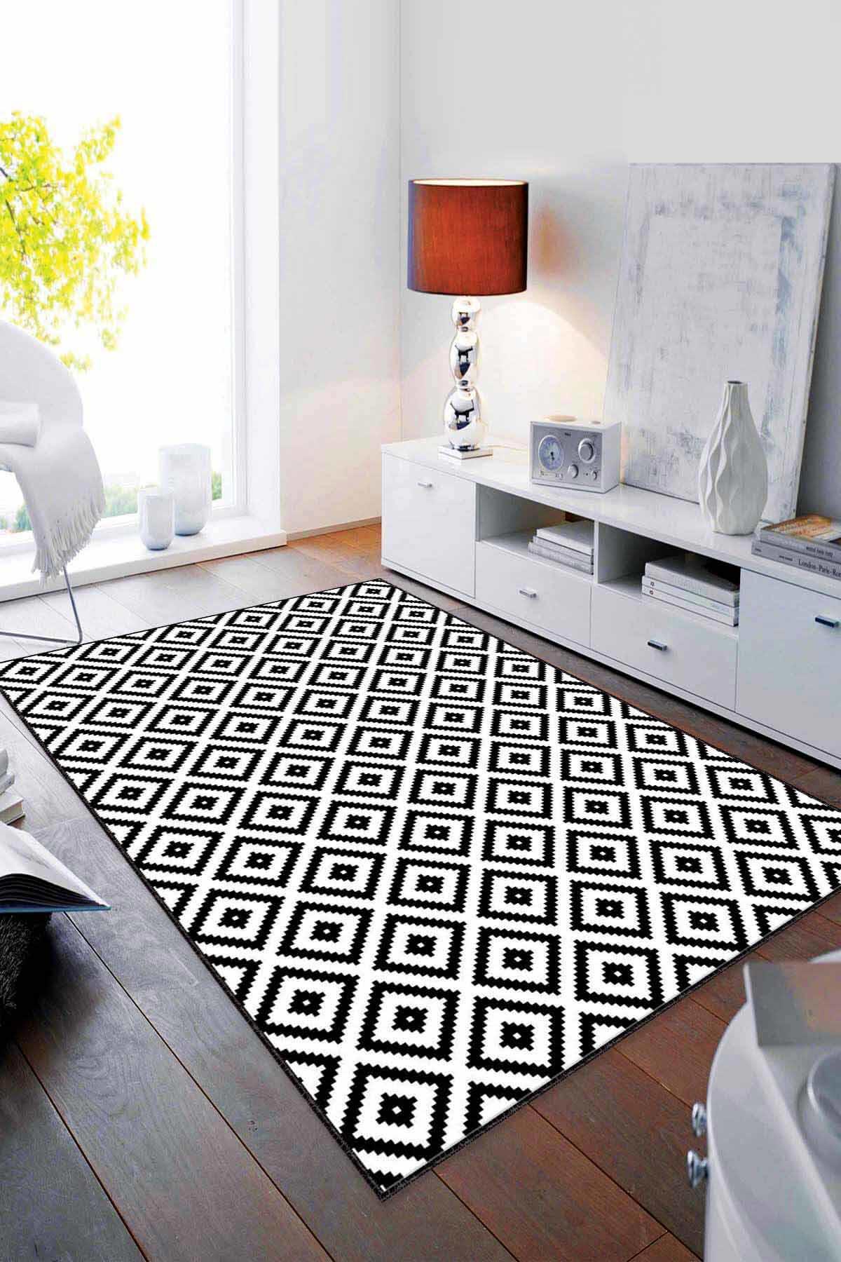 Viva Home RV182 Beyaz - Siyah 7 mm Mikropolyester Antibakteriyel Yıkanabilir Kalın Kaymaz Lateks Taban Dikdörtgen Makine Dokuma Salon Halısı 200x290 cm