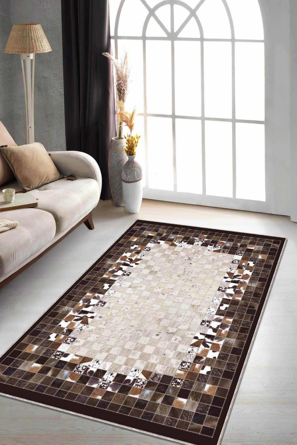 Viva Home RV246 Kahverengi 7 mm Mikropolyester Yıkanabilir Orta Kaymaz Taban Dikdörtgen Salon Halısı 120x180 cm