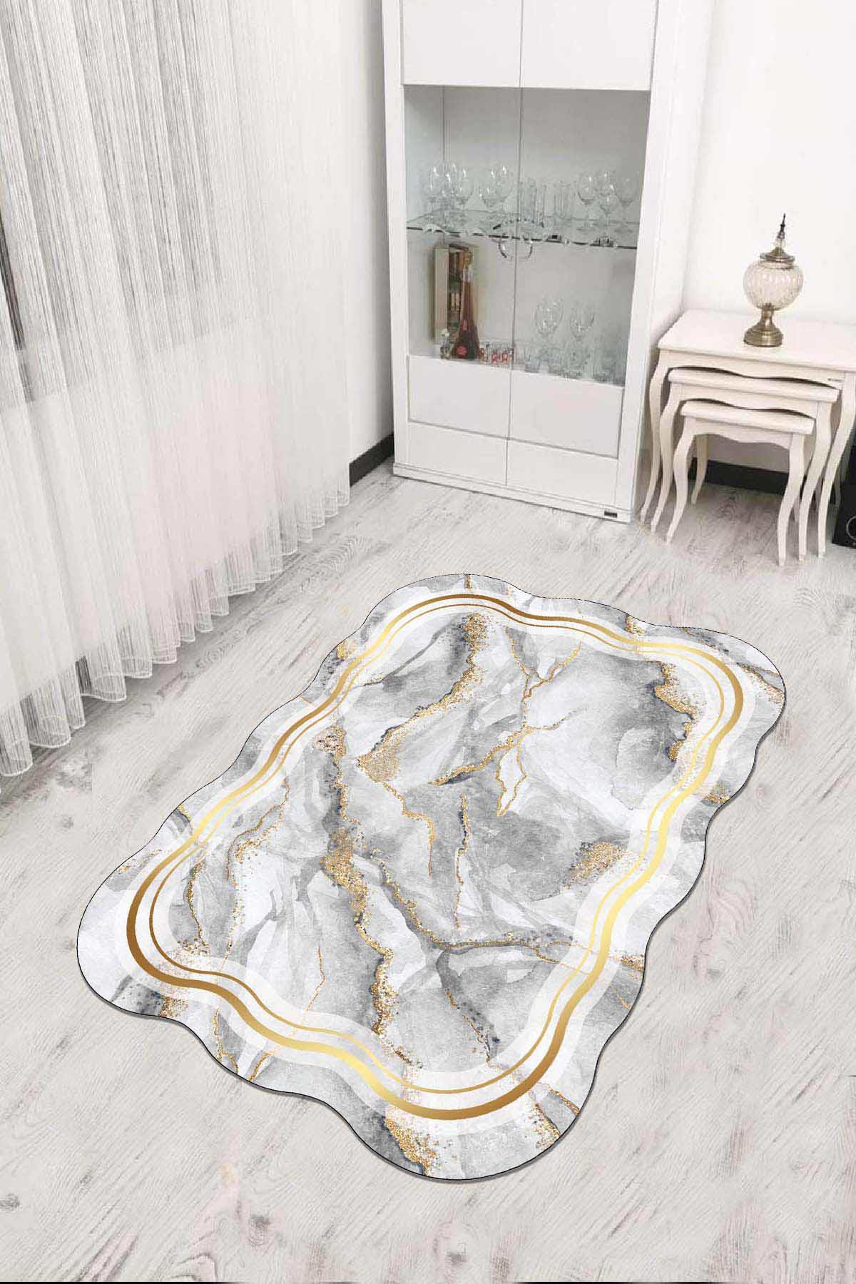 Viva Home RV305 Altın-Gri 7 mm Mikropolyester Toz Tutmaz Yıkanabilir İnce Kaymaz Dot Taban Dikdörtgen Makine Dokuma Salon Halısı 80x150 cm