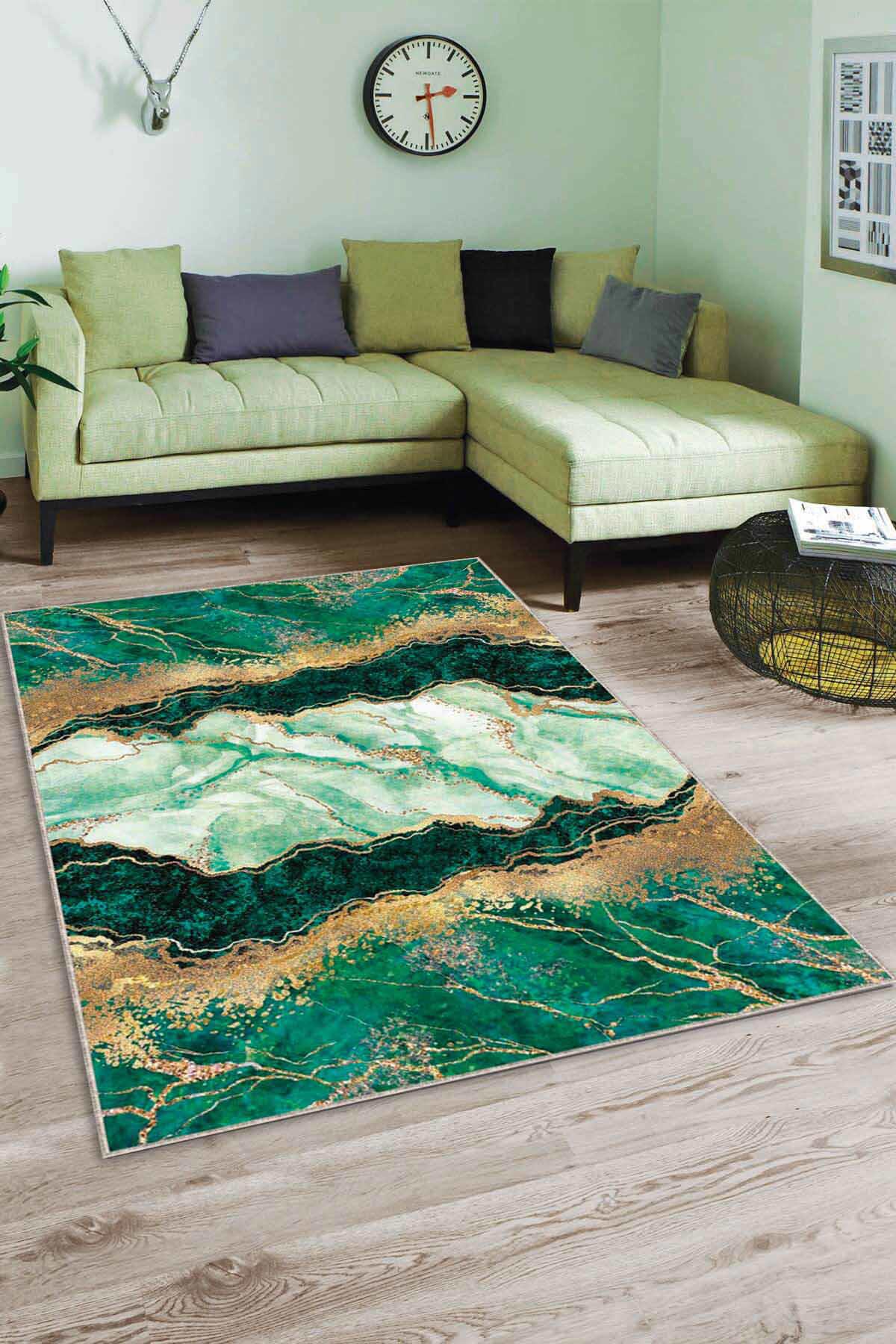 Viva Home AR001 Yeşil 7 mm Mikropolyester Yalıtıma Yardımcı Yıkanabilir İnce Kaymaz Taban Dikdörtgen Makine Dokuma Antre-Salon-Yatak Odası Halısı 120x180 cm