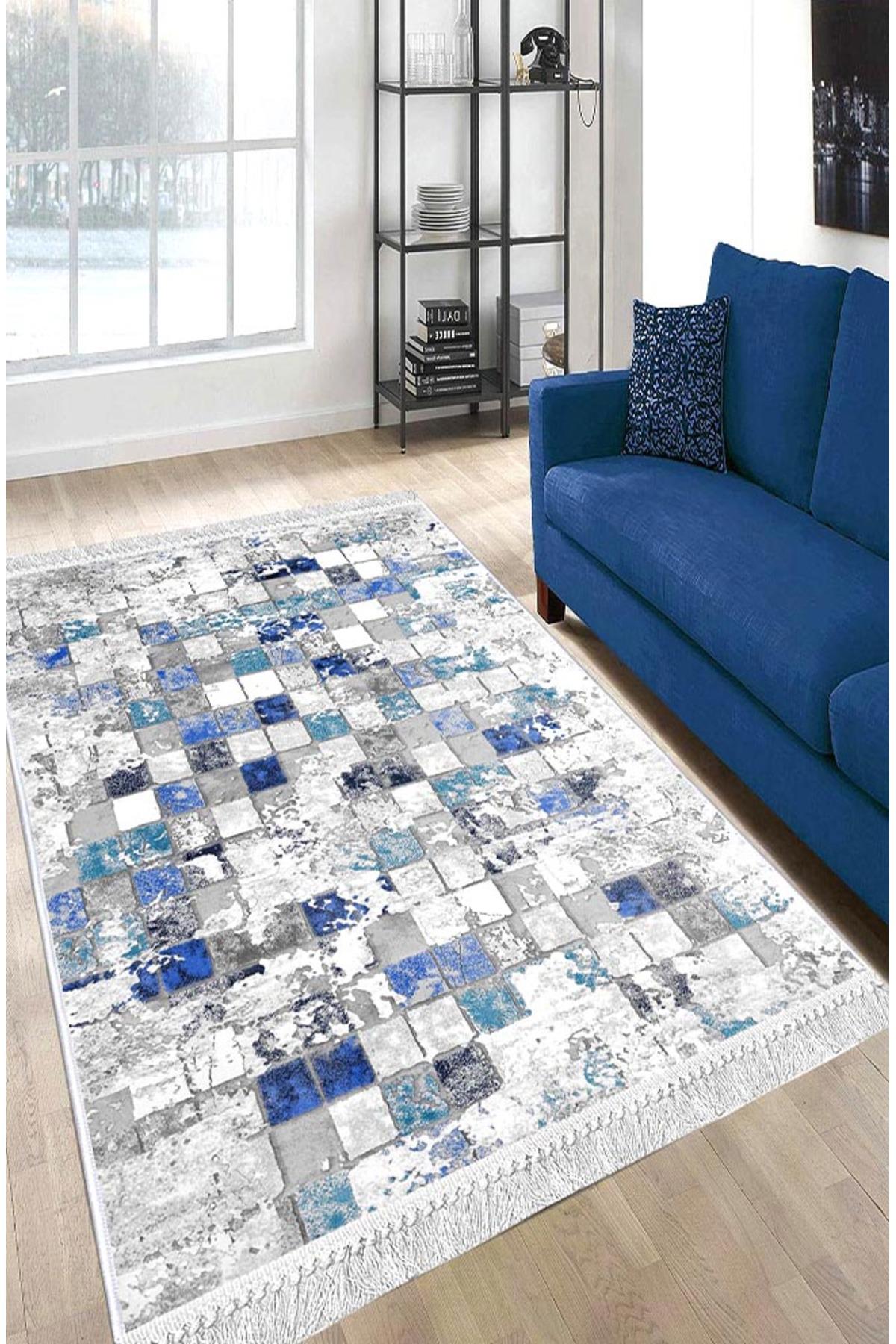 Artizon ART028 Mavi 0.8 mm Polyester Toz Tutmaz Yıkanabilir İnce Kaymaz Dot Taban Dikdörtgen Makine Dokuma Salon Halısı 120x180 cm